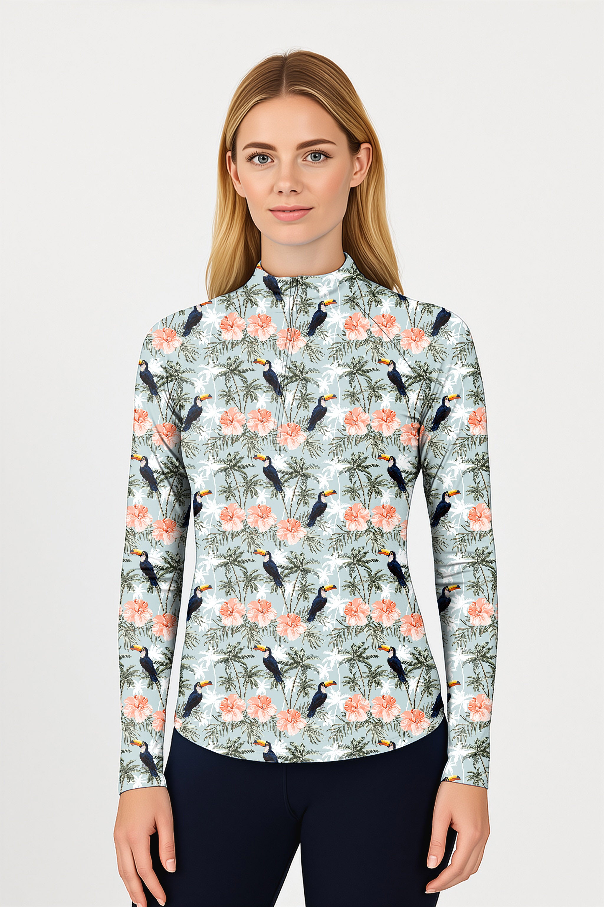 Toucan tropical flower Women's Golf Active 3/4 Zip Top