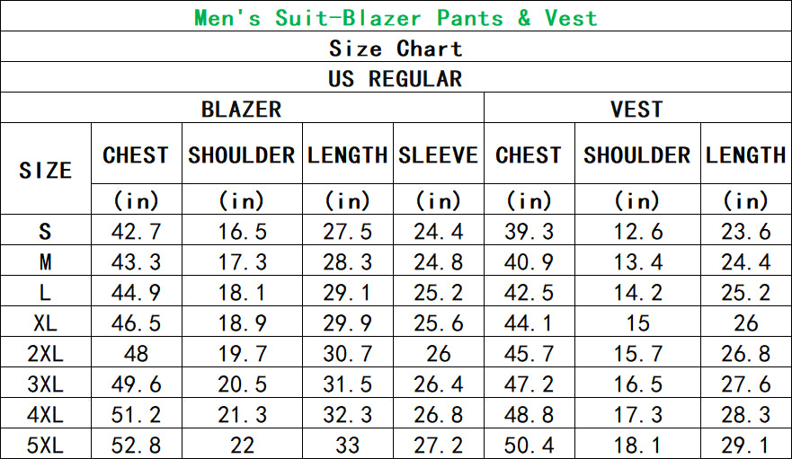 Proud Stars Men's blazer suit set size chart with chest, shoulder, length, and sleeve measurements for blazer and vest