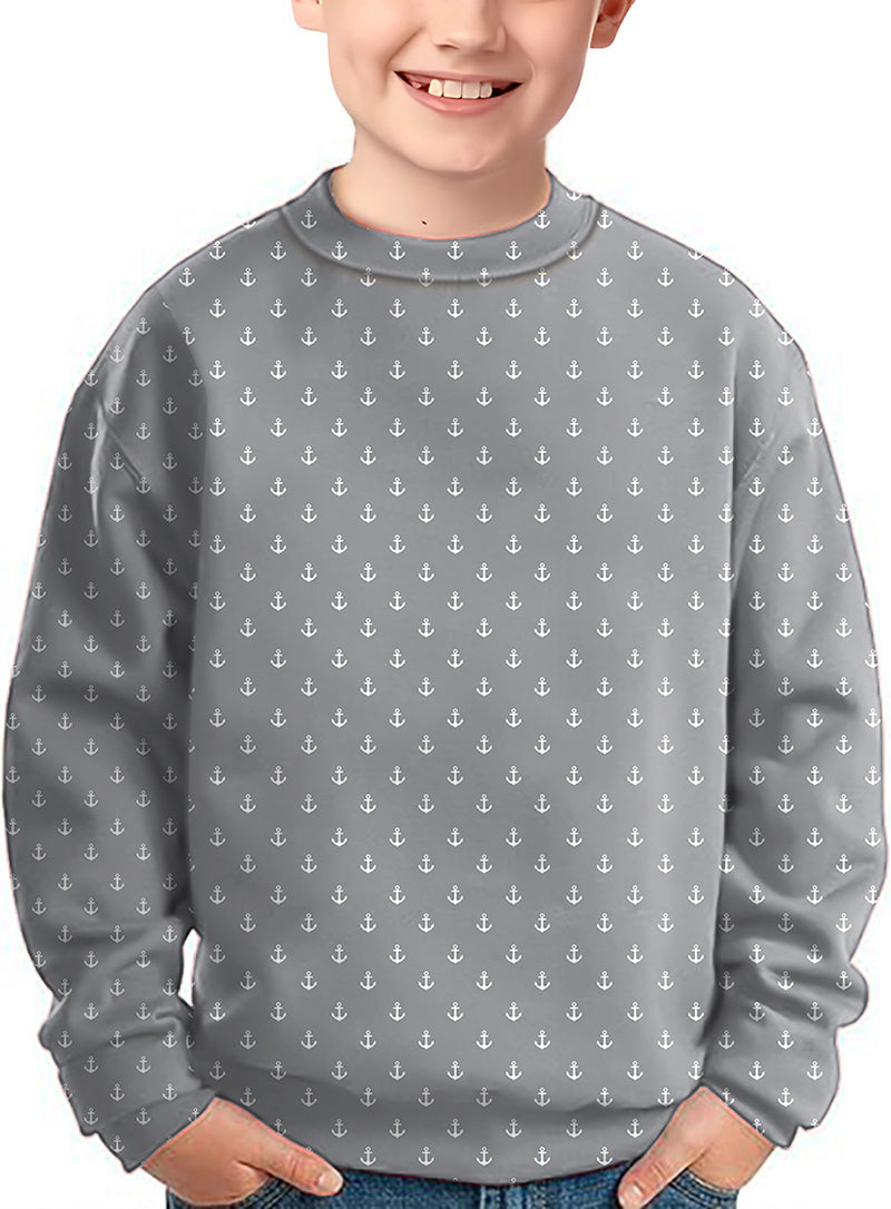 Light gray anchor crewneck pullover kids ugly sweater with anchor pattern