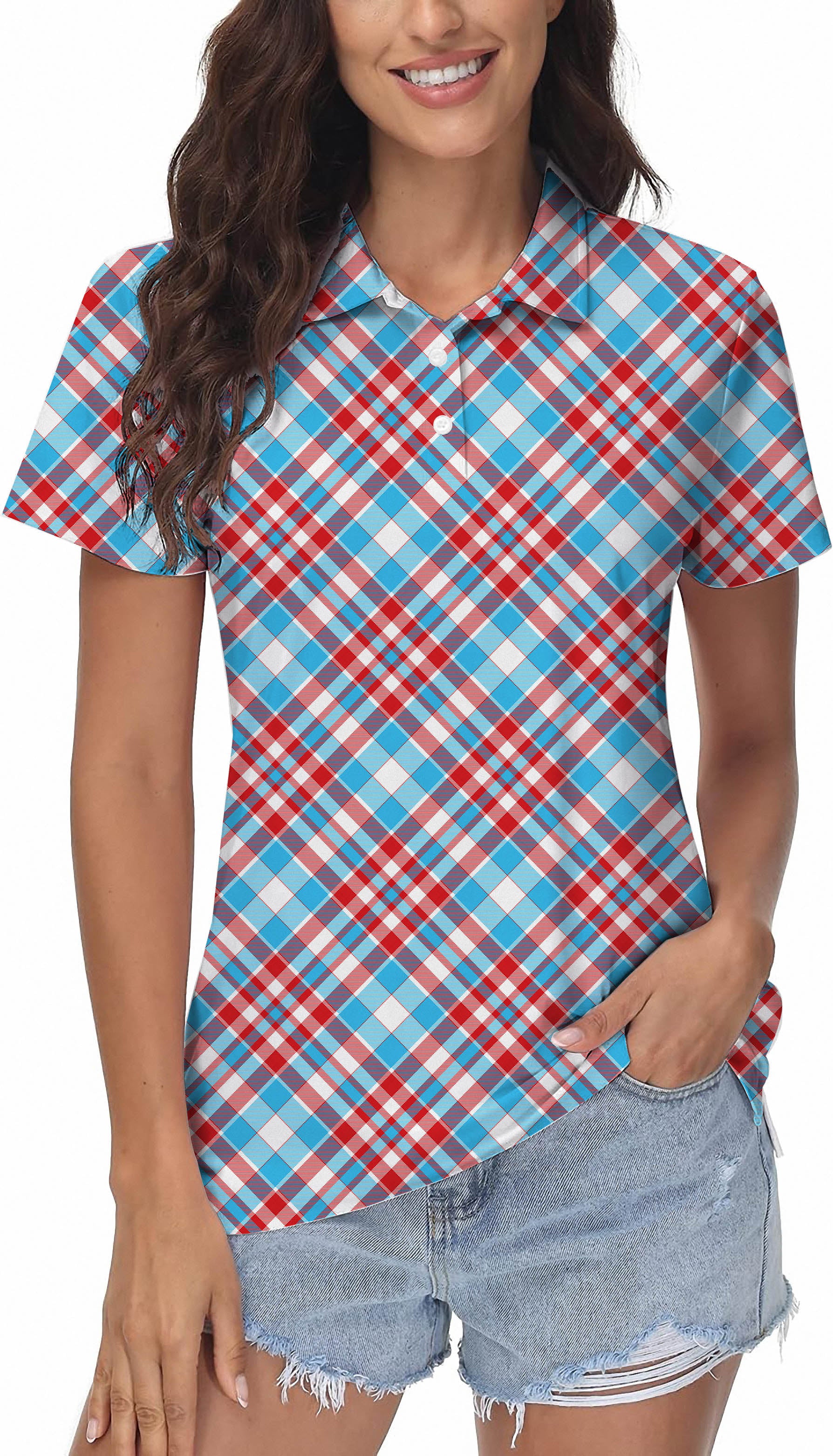 Argyle red blue Women's Golf Polo