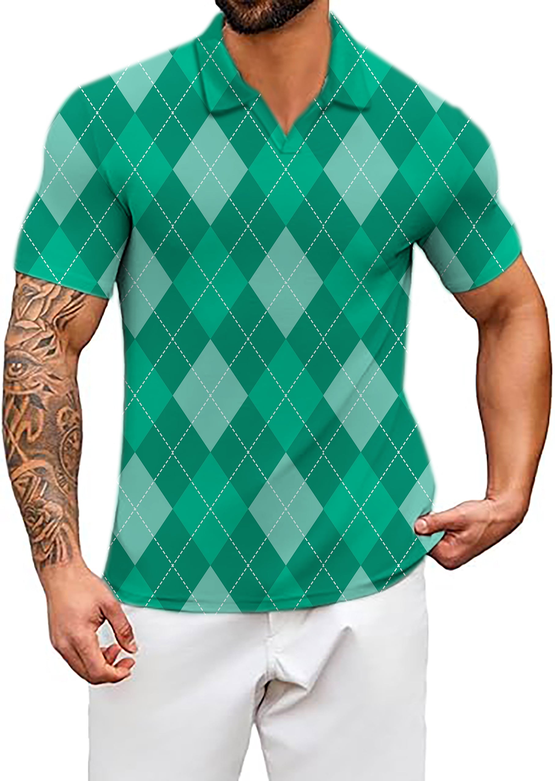Men's Green Argyle V Neck Golf Polo Shirts
