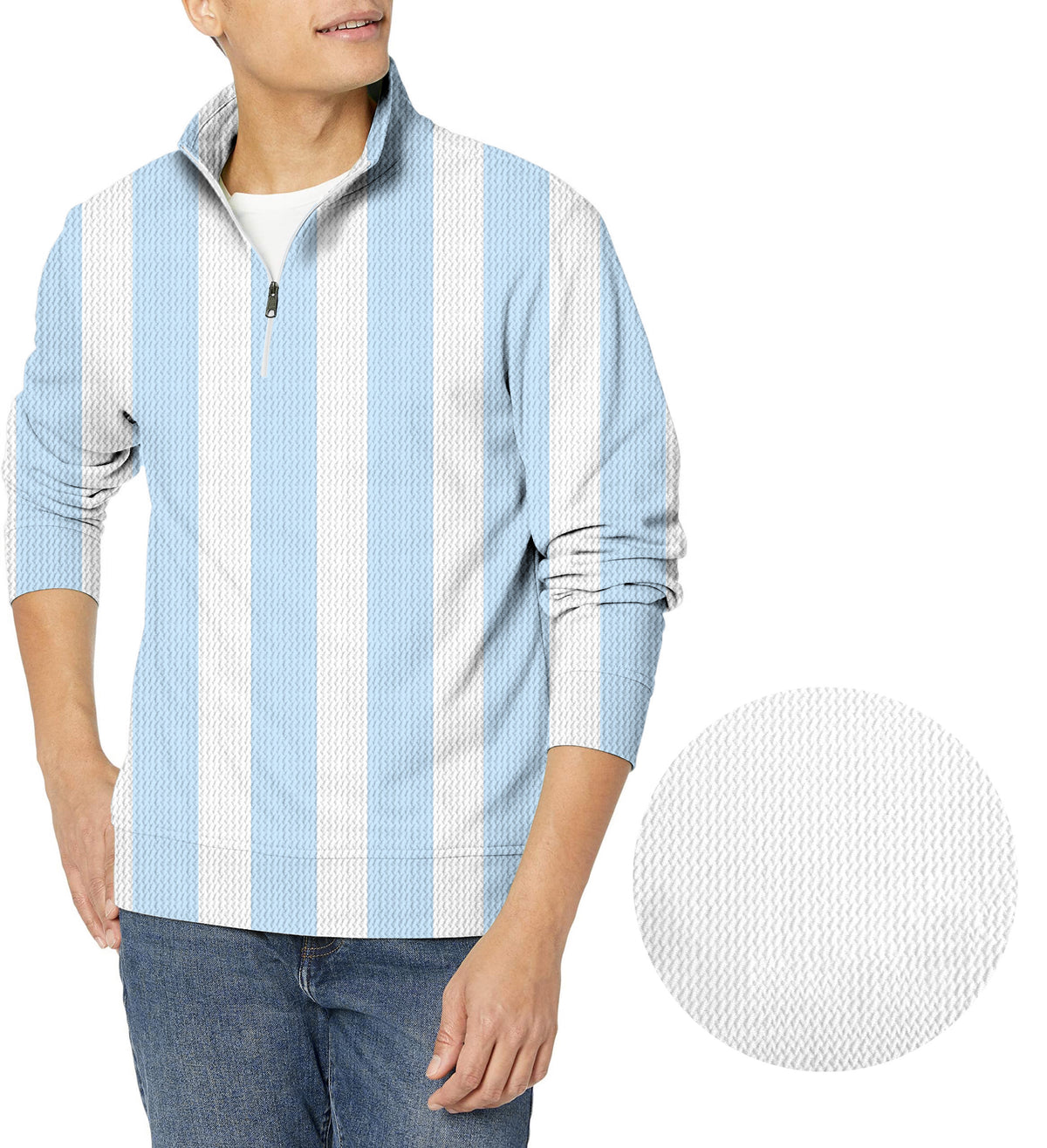 Blue and white vertical stripes Men's Golf Waffle Zipper Pullover