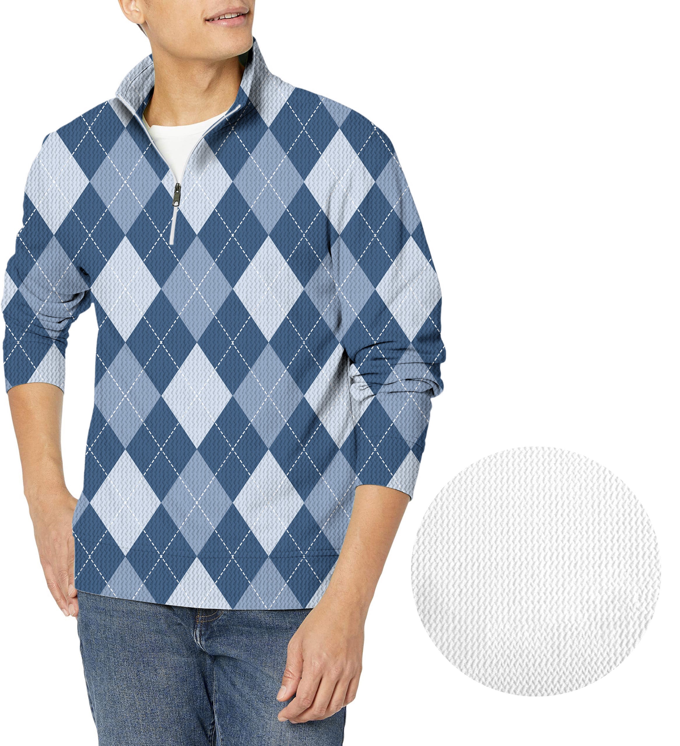 blue Argyle-Men's Golf Waffle Zipper Pullover