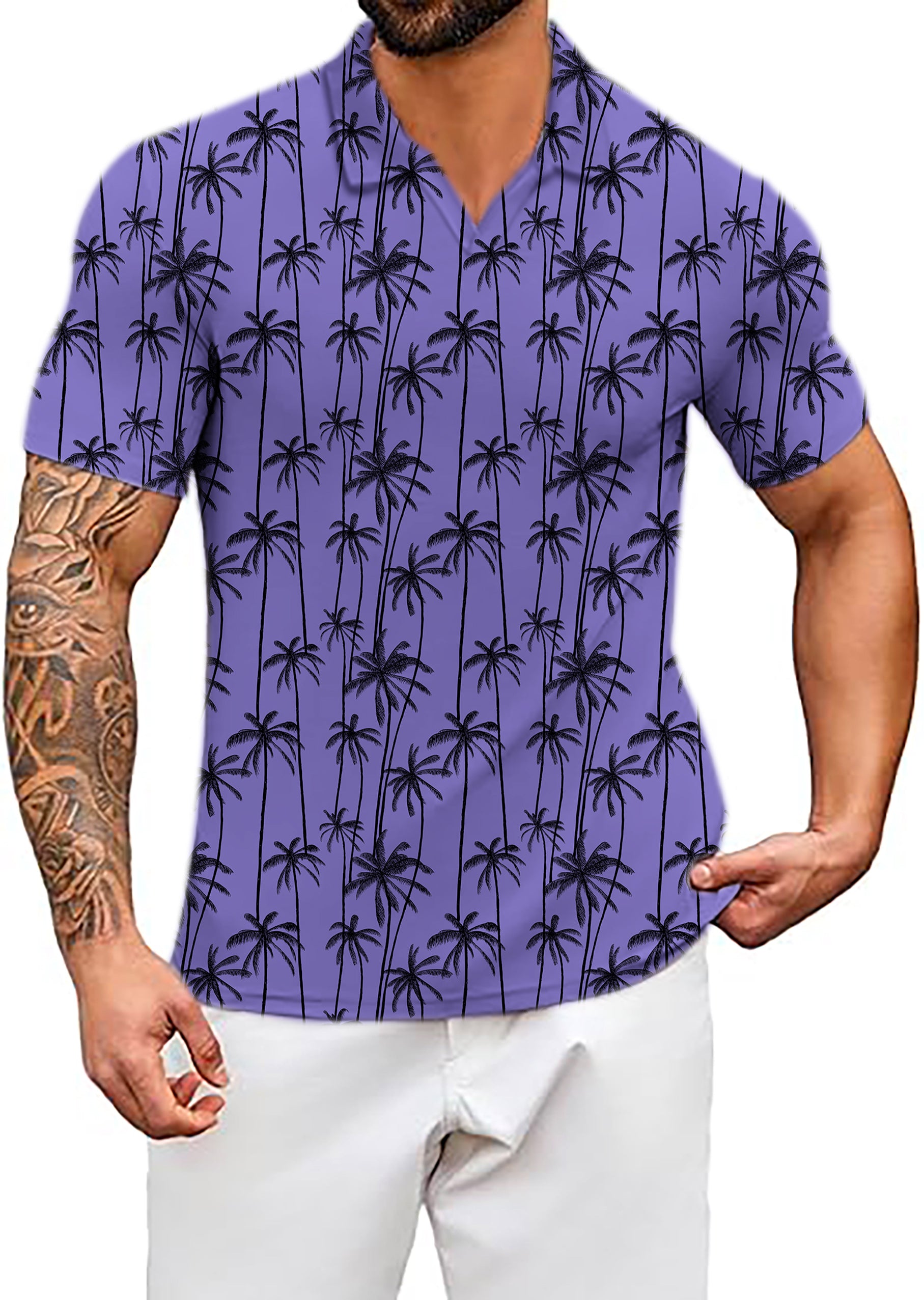 Men's Black coconut tree V Neck Golf Polo Shirts