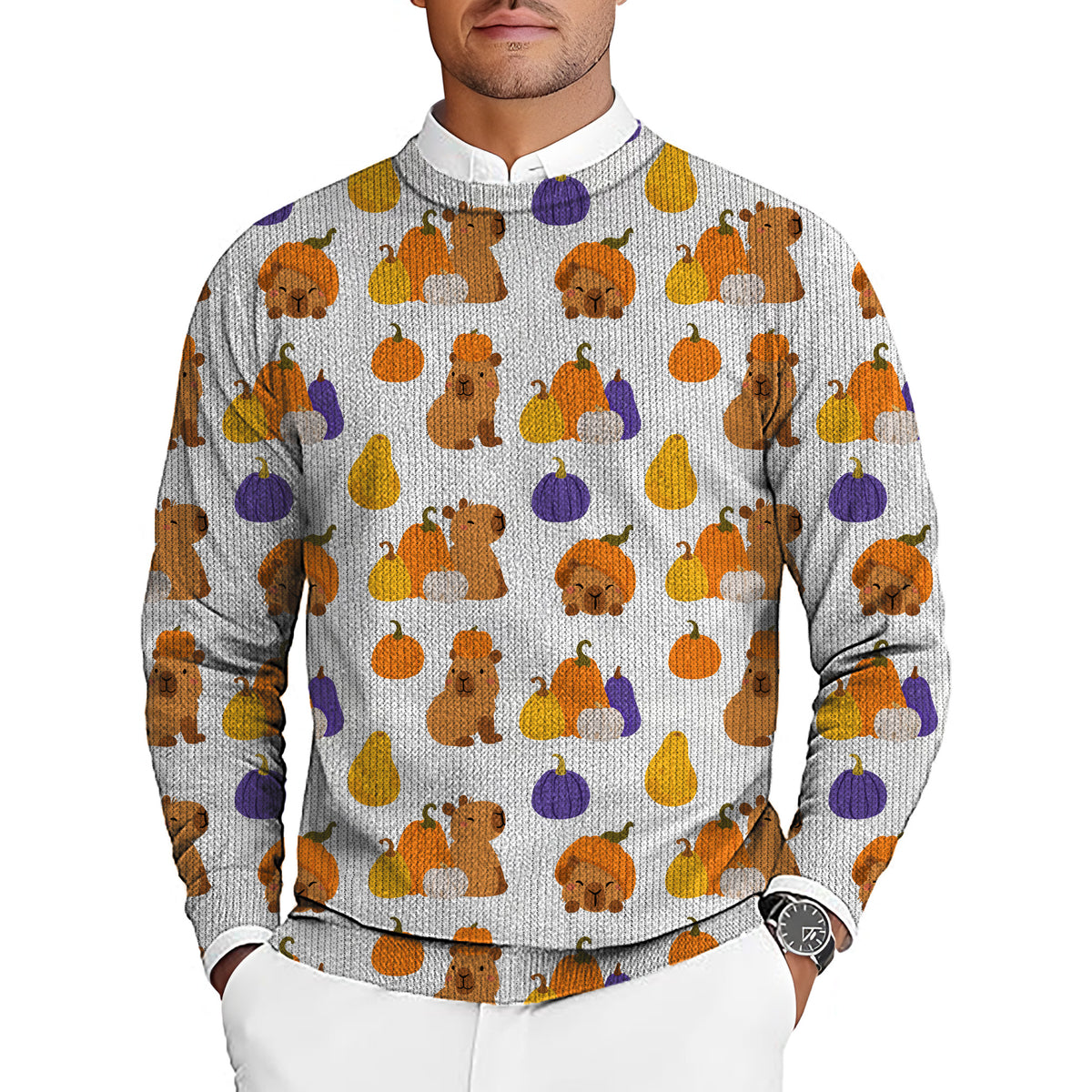 Halloween Capybara Men's Golf Crewneck Pullover Sweaters Ugly Sweater