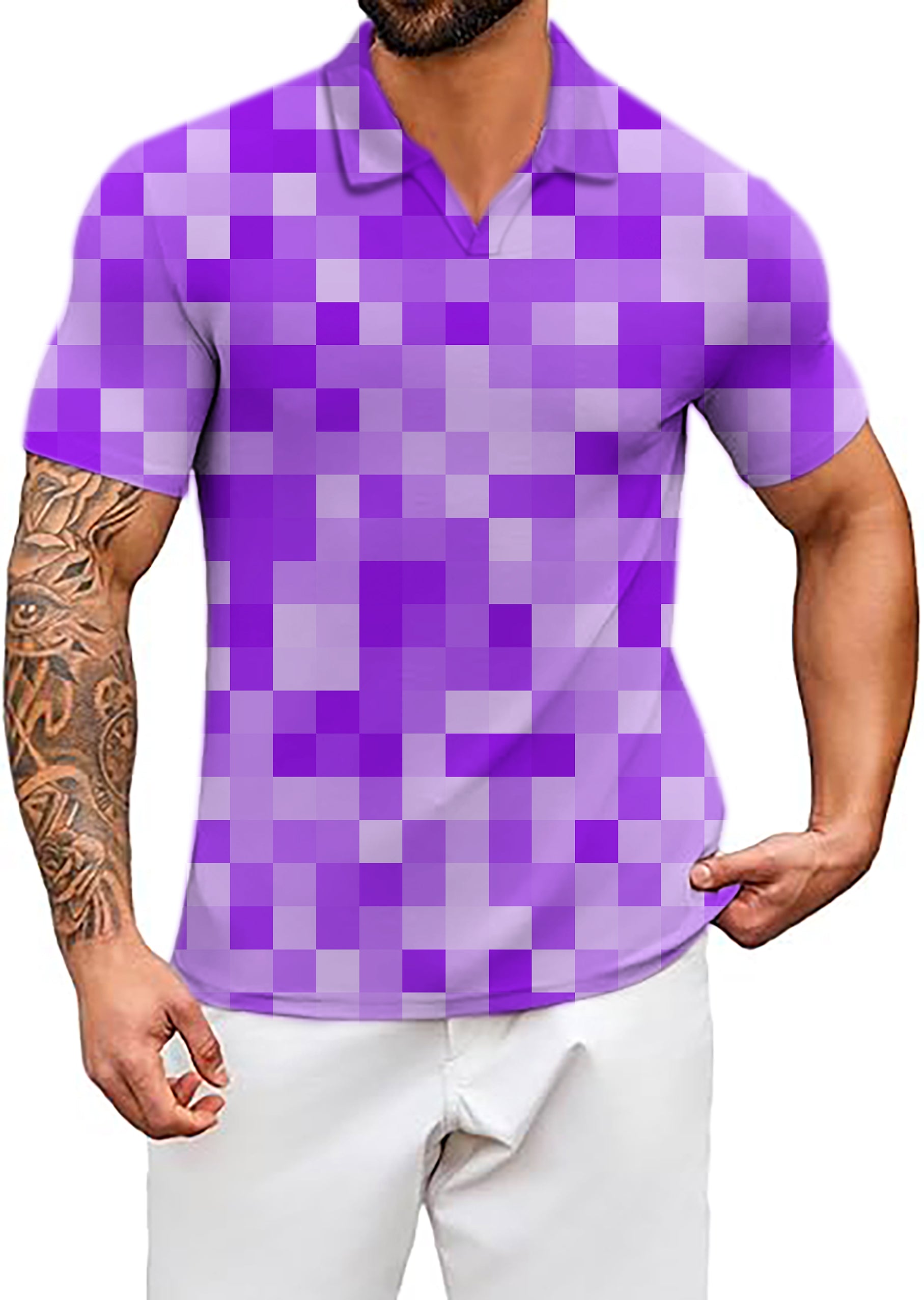 Men's Purple Pixel Big V Neck Golf Polo Shirts