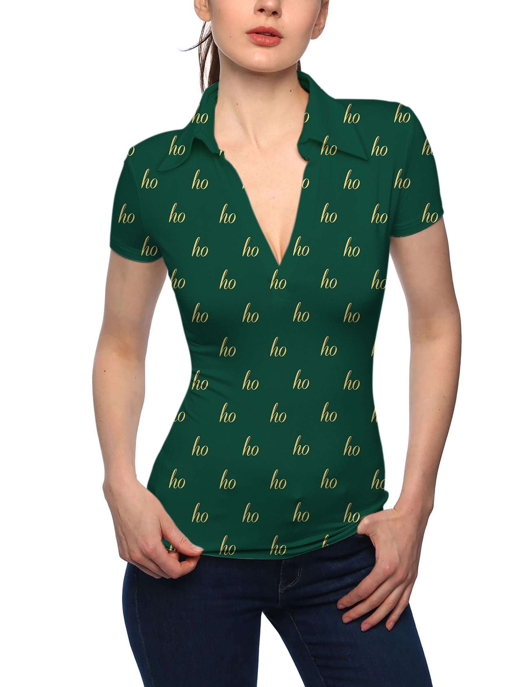 Women's dark green V-neck golf polo shirt with stand collar and "ho" Christmas print