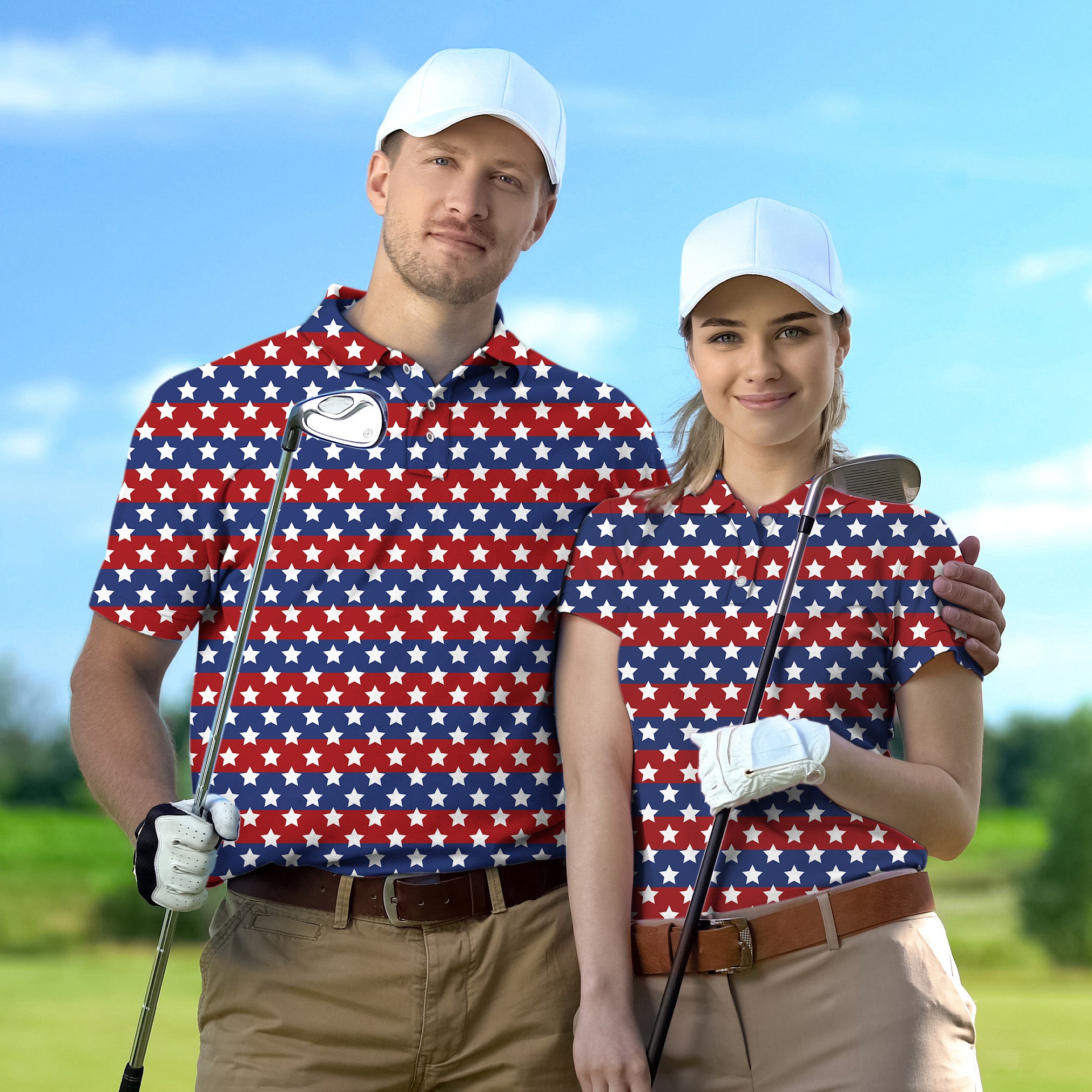 Golf Polo Couple Family set US Flag Stars tournament