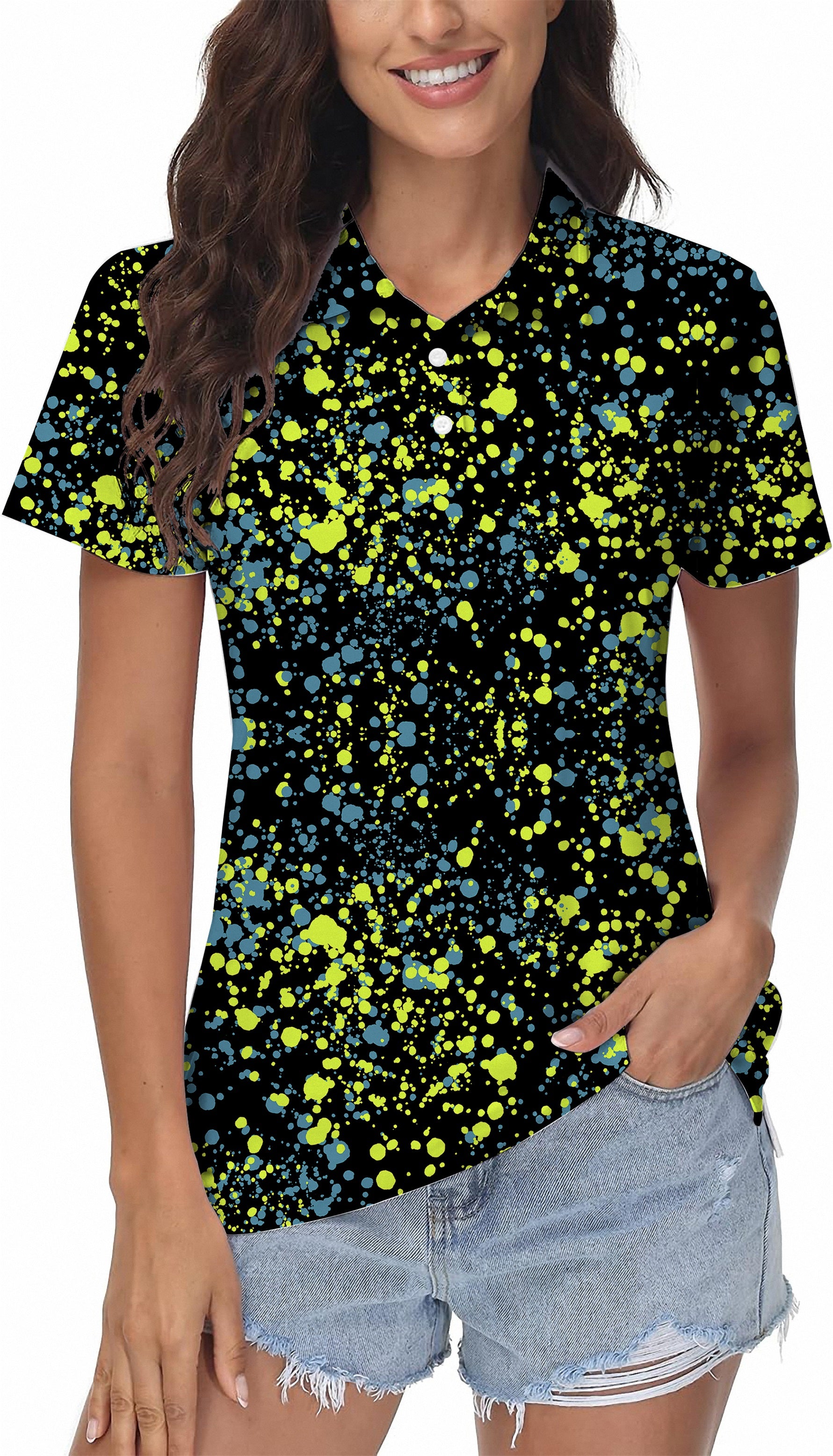 Women's blue and yellow paint splashes Golf Polo