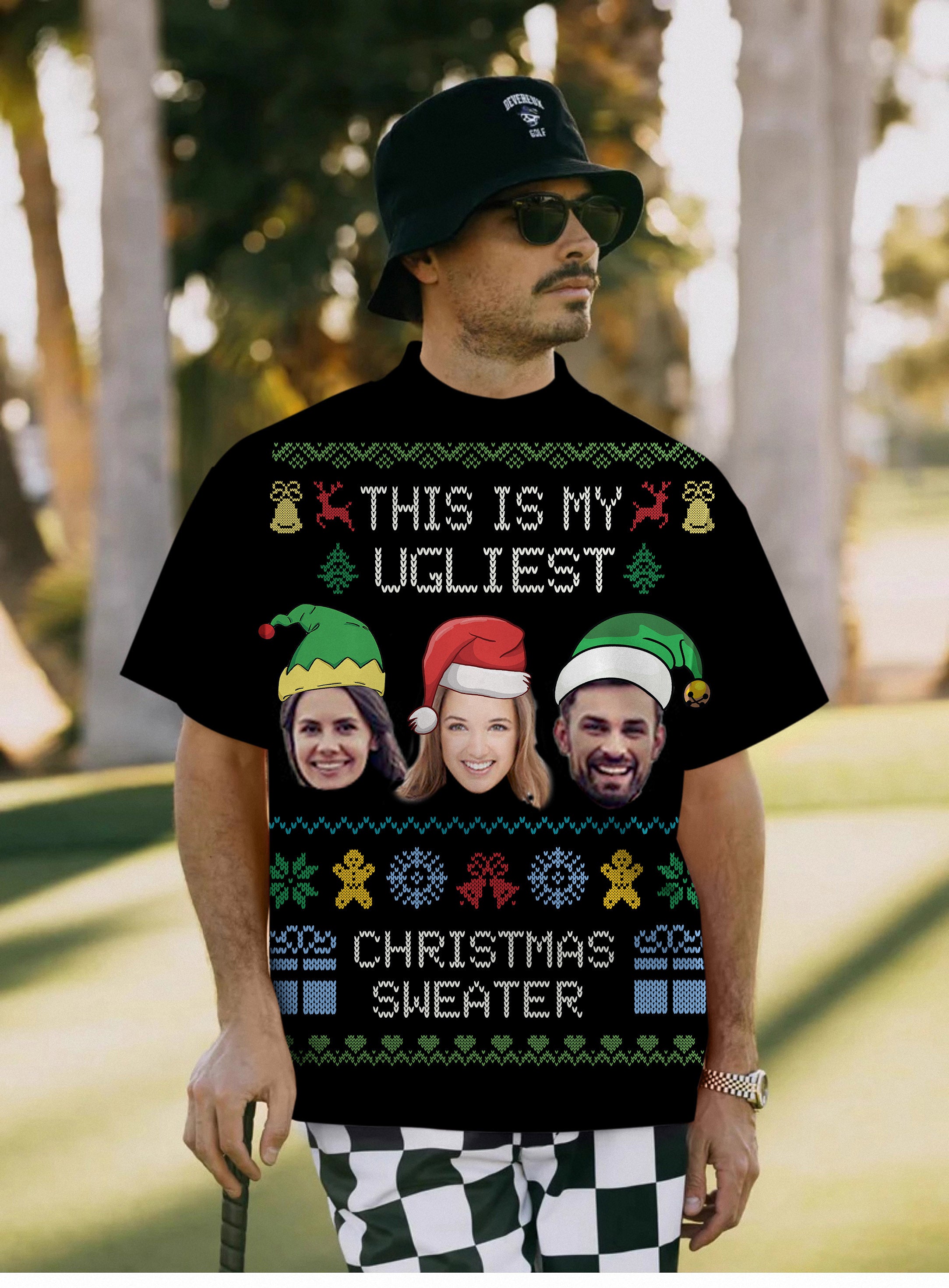 Men's Black-Christmas Custom face Pullover High neck Long/Short sleeve T-Shirt