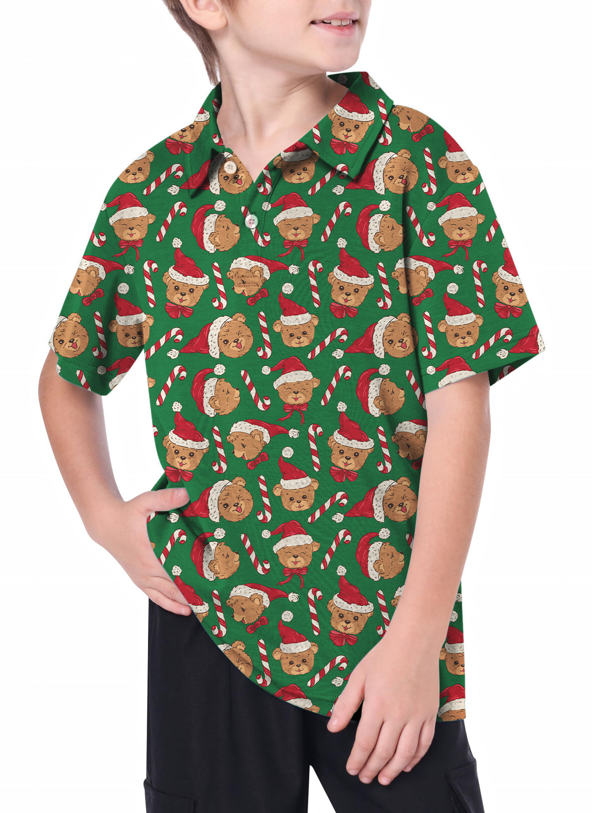 Youth Green Christmas Teddy Bear Golf Polo