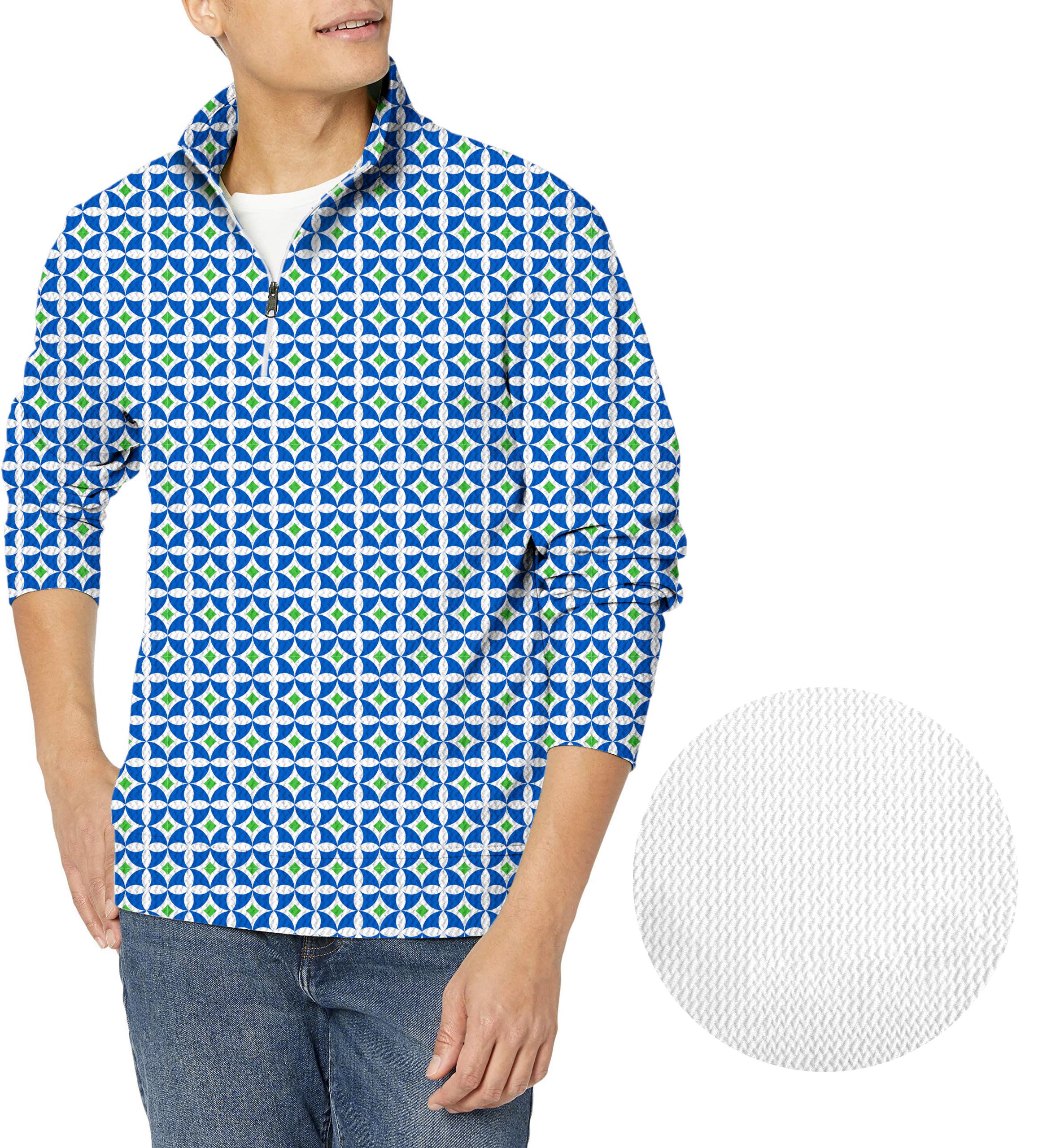 Blue-Green Diamond Men's Golf Waffle Zipper Pullover