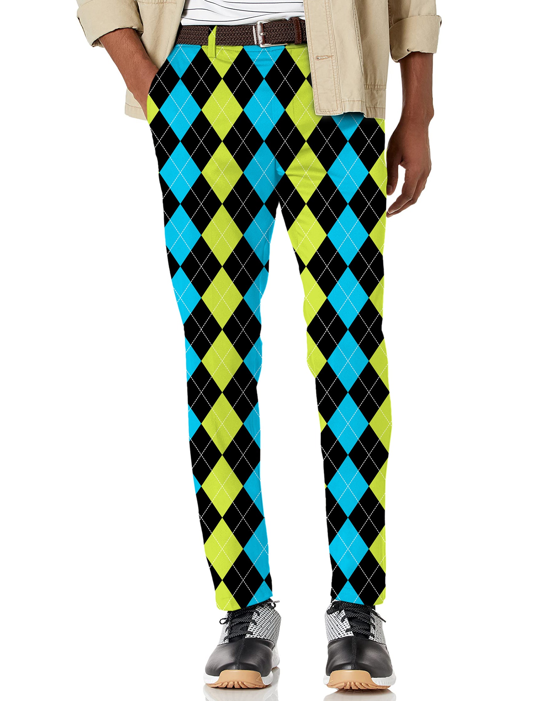 Men's Halloween Black Green Blue Argyle Stretch Golf Pants