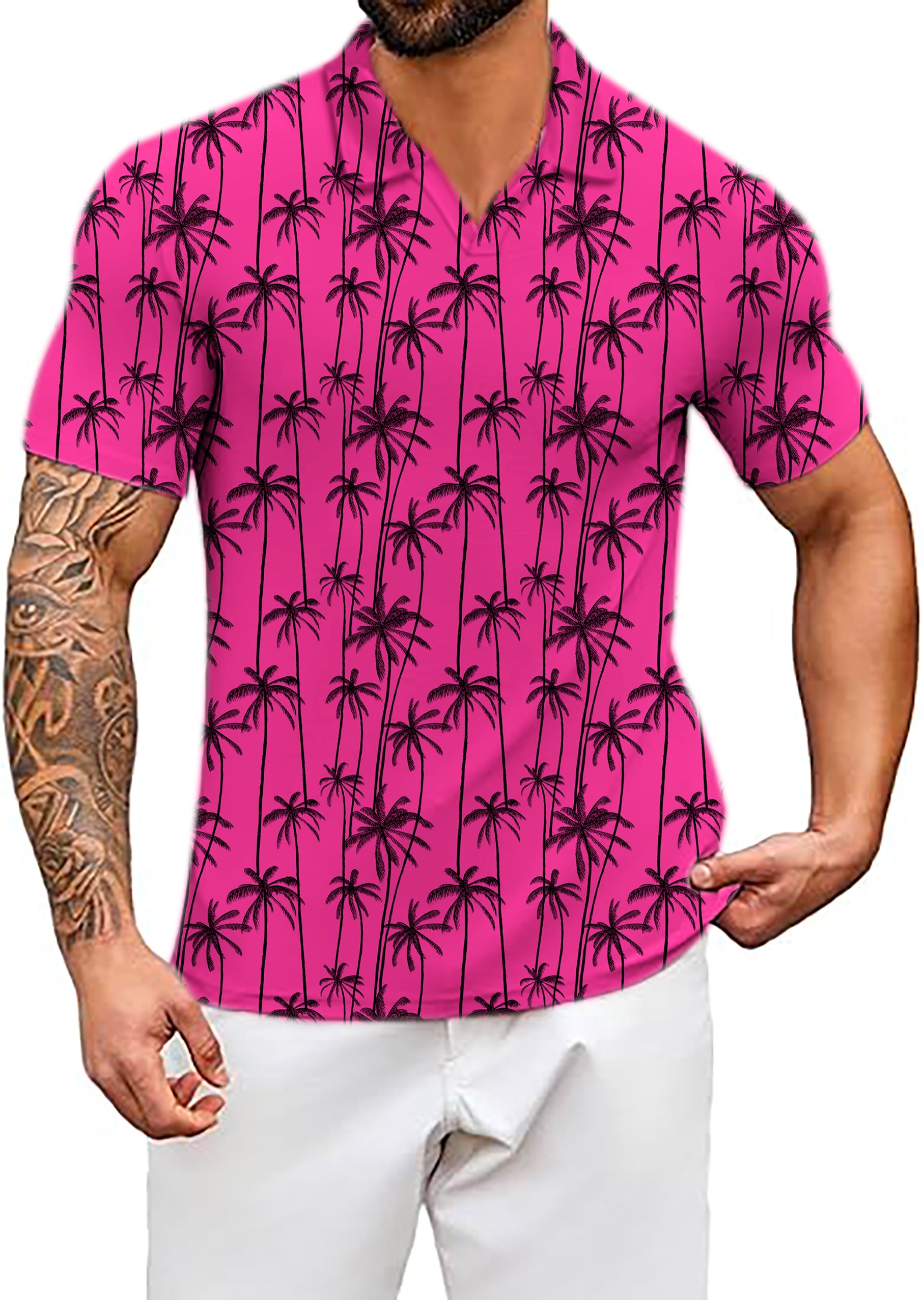 Men's Rose-Red Coconut Trees V Neck Golf Polo Shirts
