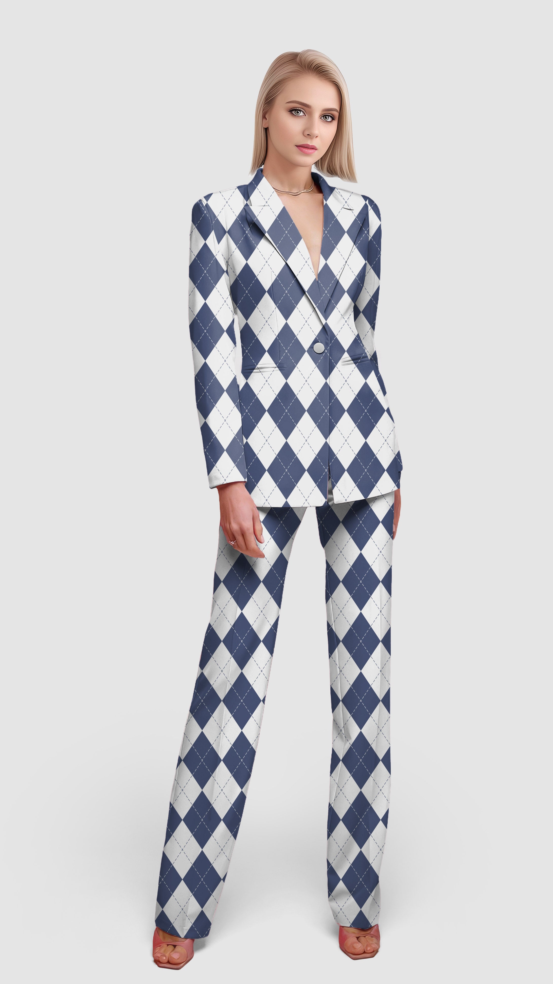Blue diamond grid-Women's Blazer Casual Work Office Blazer Suit set