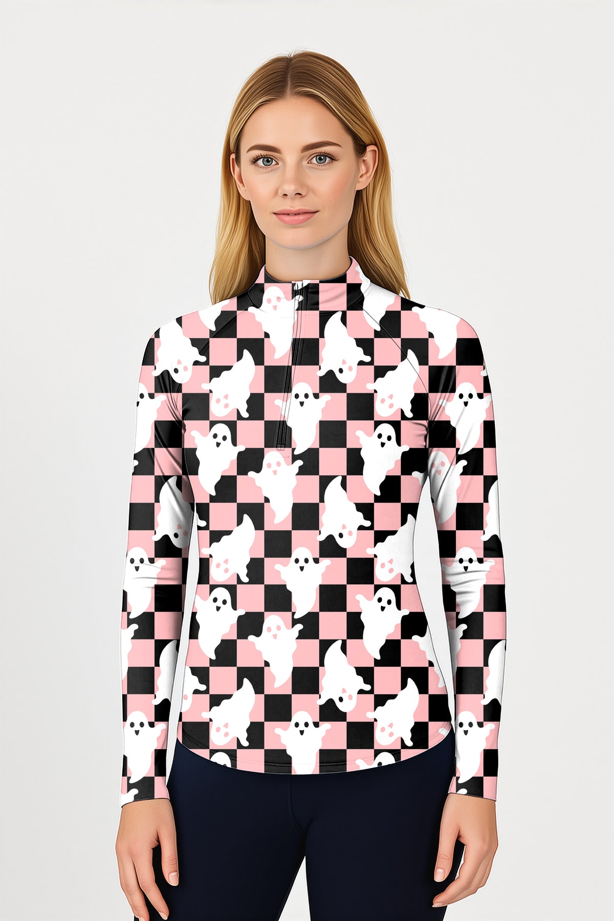 Halloween Black and White Checkerboard Ghost Women's Golf Active 3/4 Zipper Top Long Sleeves