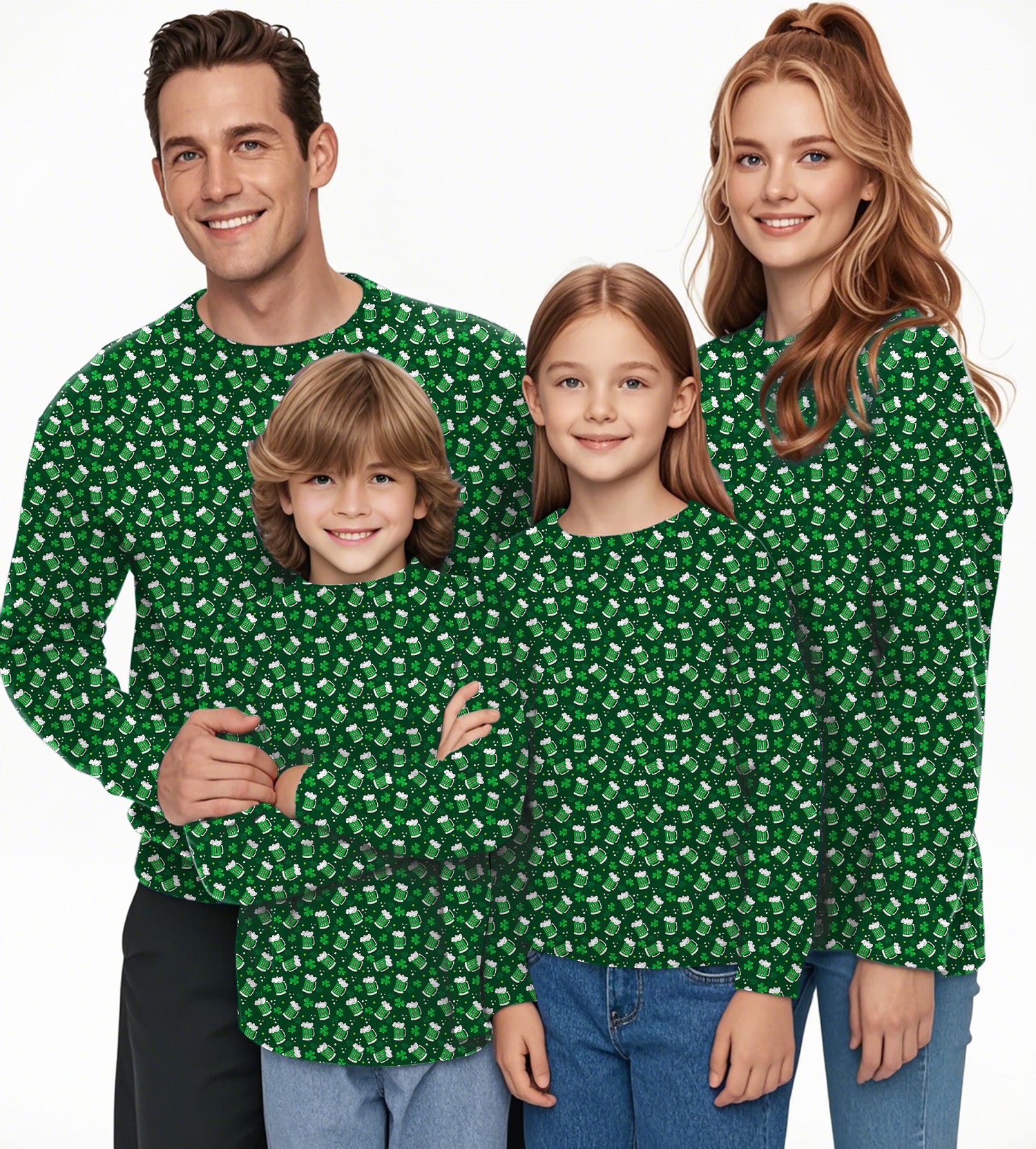 Green beer clover leaf St. Patrick's Day Crewneck Pullover Ugly Sweater Men Women boy girl family