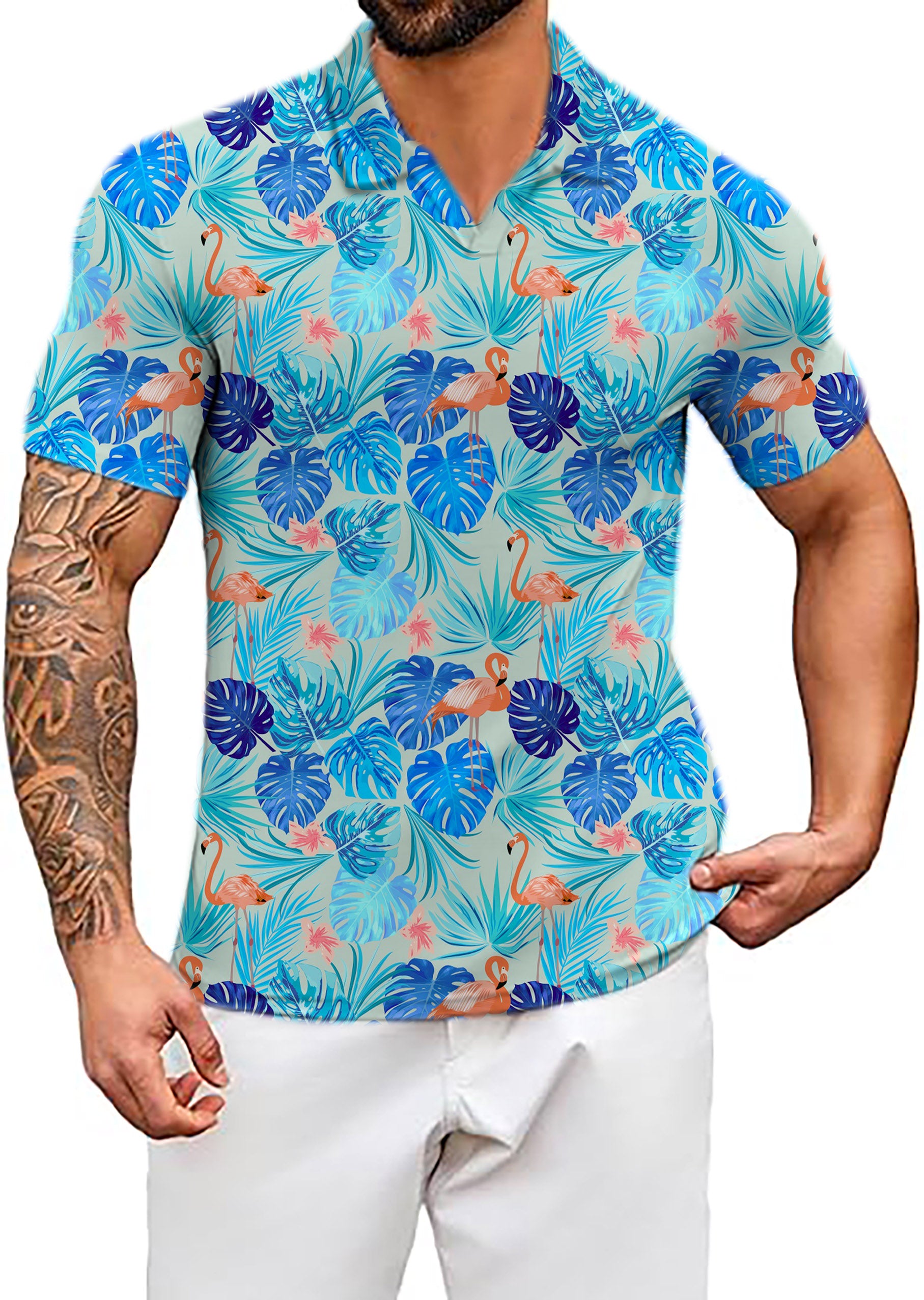 Men's Cool Flamingos V Neck Golf Polo Shirts