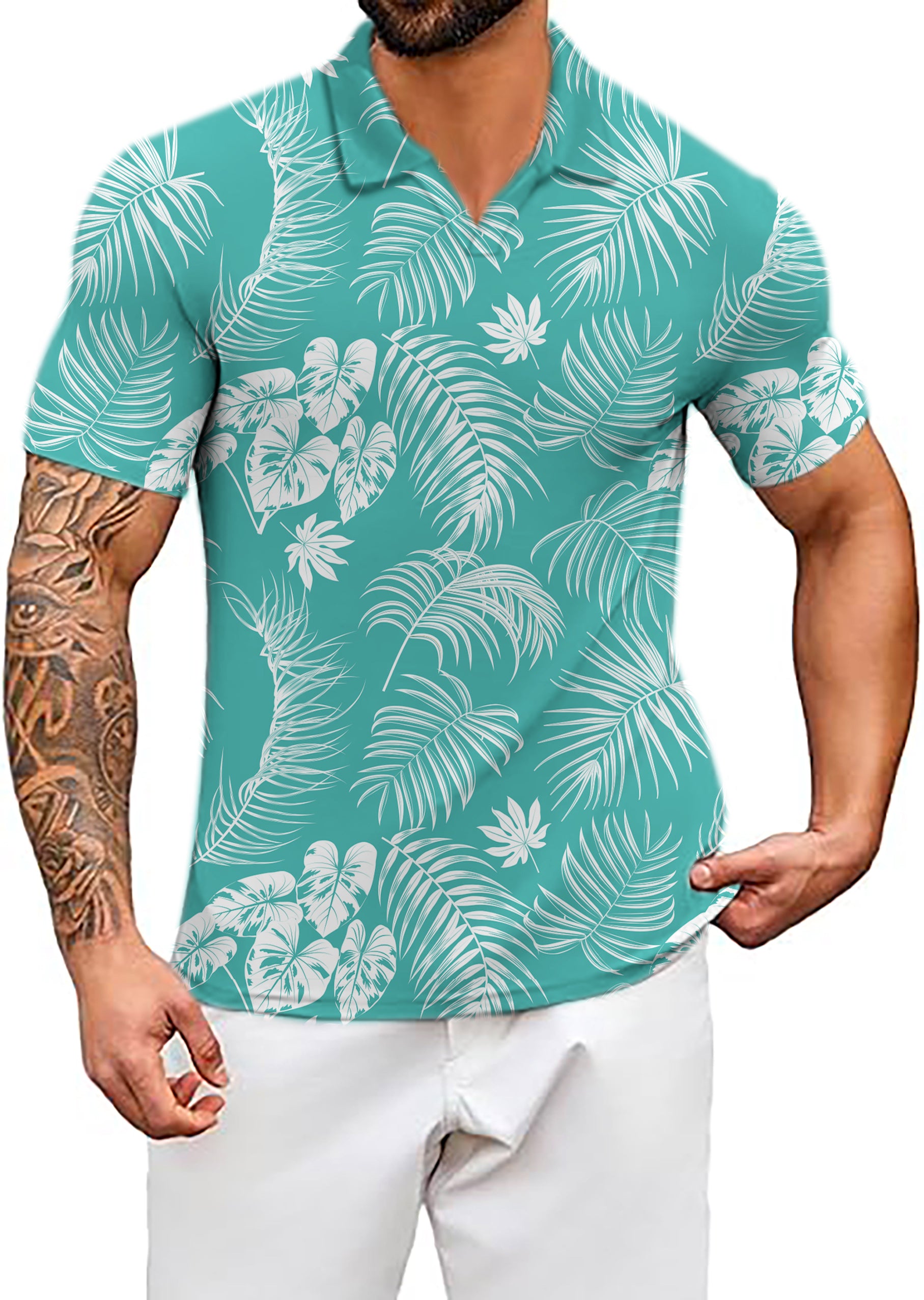 Men's Teal Paradise V Neck Golf Polo Shirts