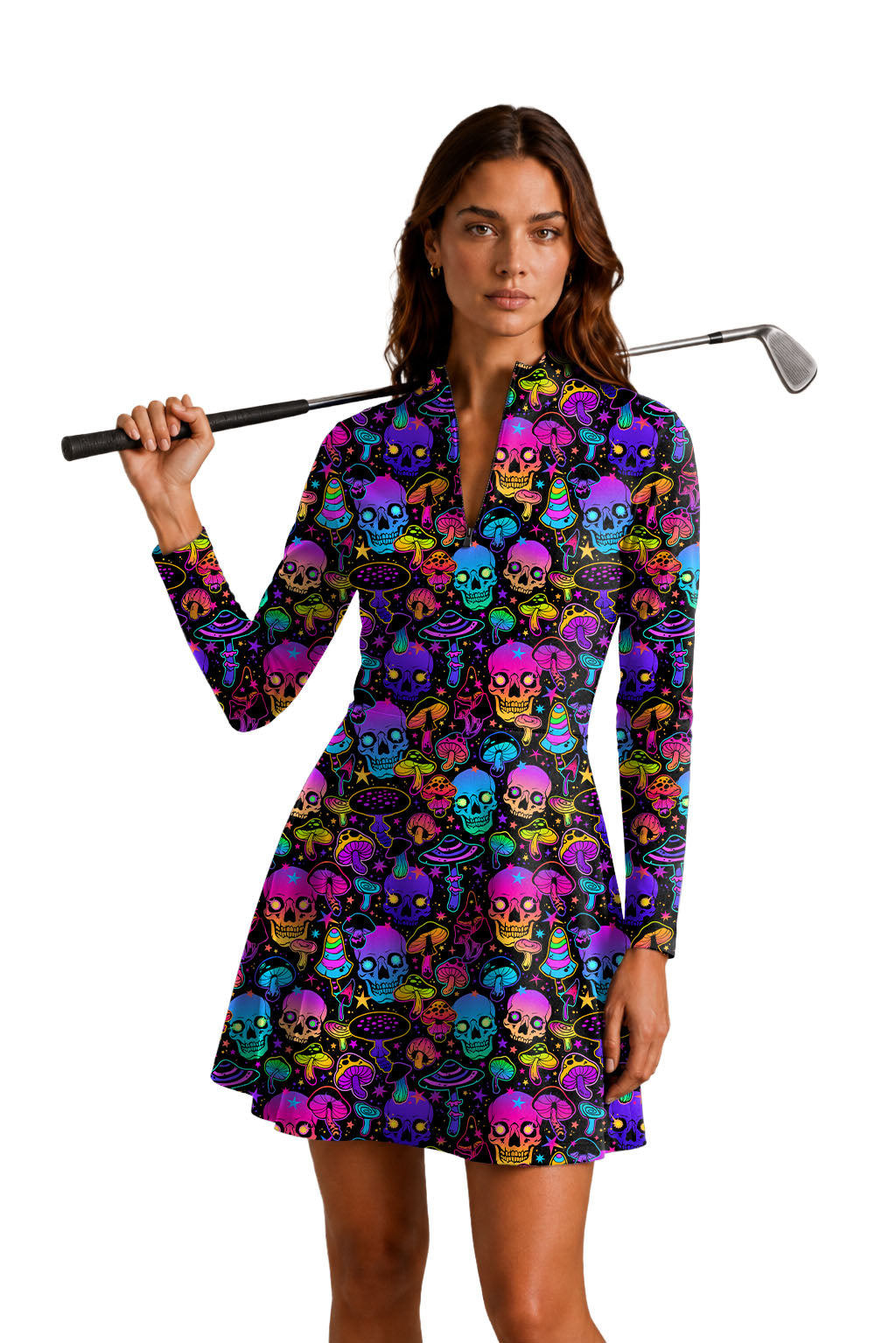 neon skull Women's Golf Long Sleeve Zipper Dresses Comes with separate matching shorts