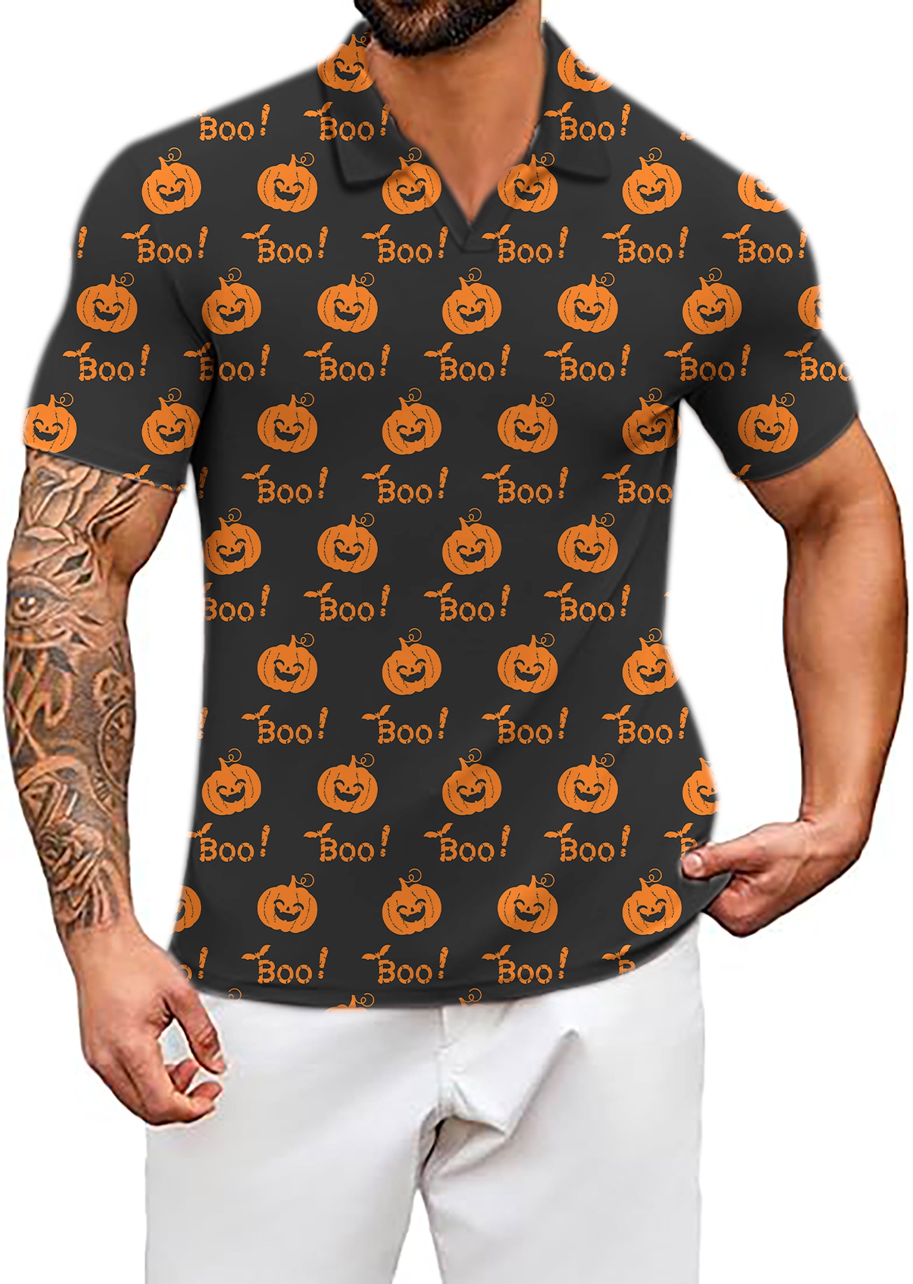 Men's Coconut Palm Halloween Boo Pumpkin V Neck Golf Polo Shirts