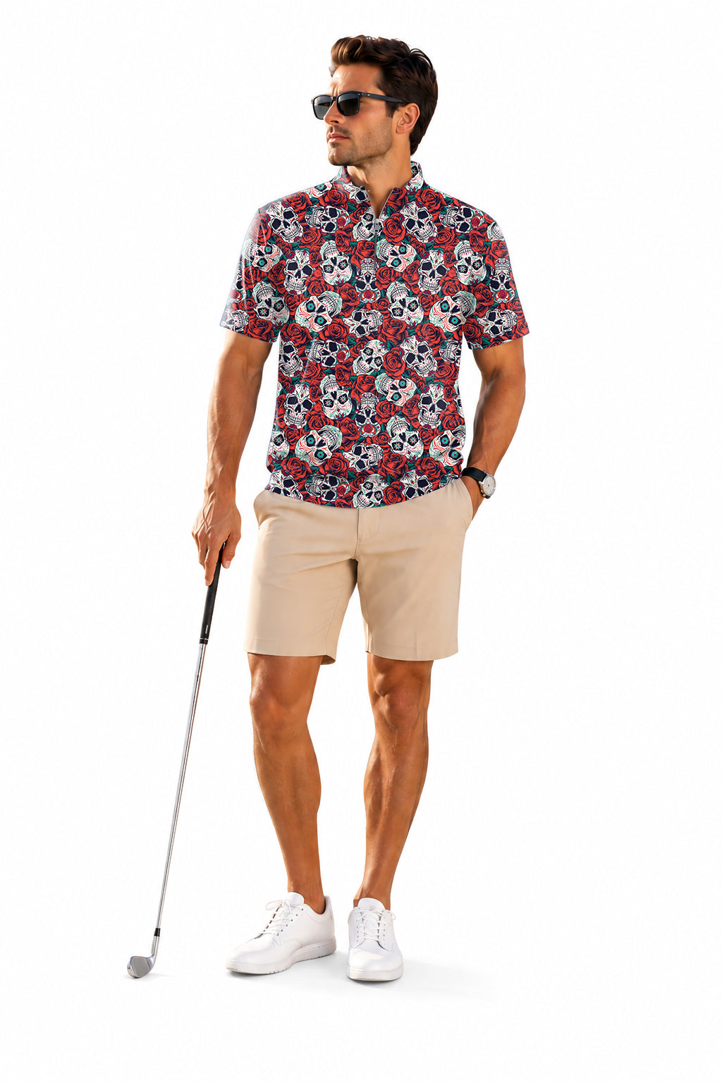 Men's Short Sleeve Quarter Zip Golf Pullover   Rose Skull Embroidery