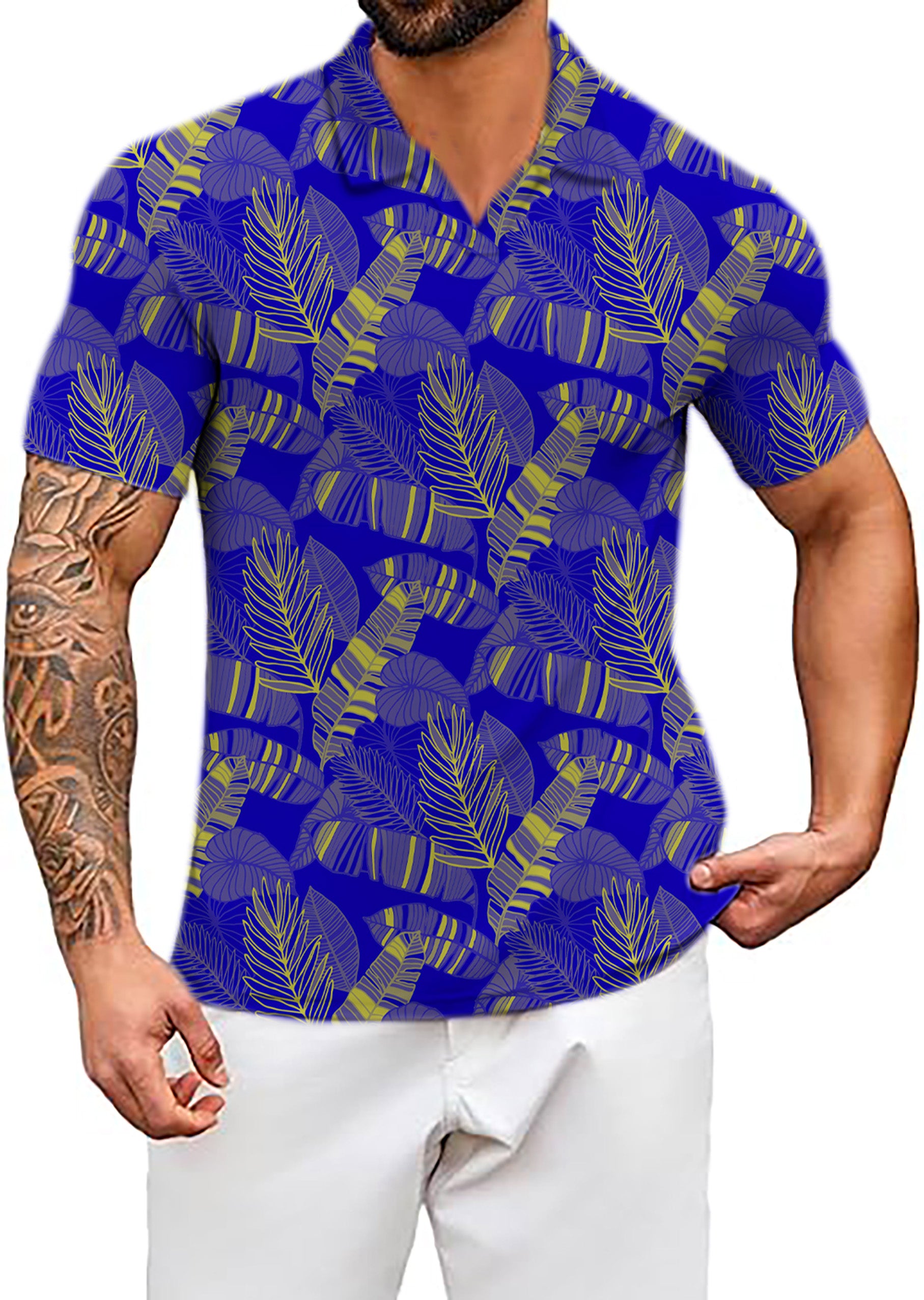 Men's palms yellow V Neck Golf Polo Shirts