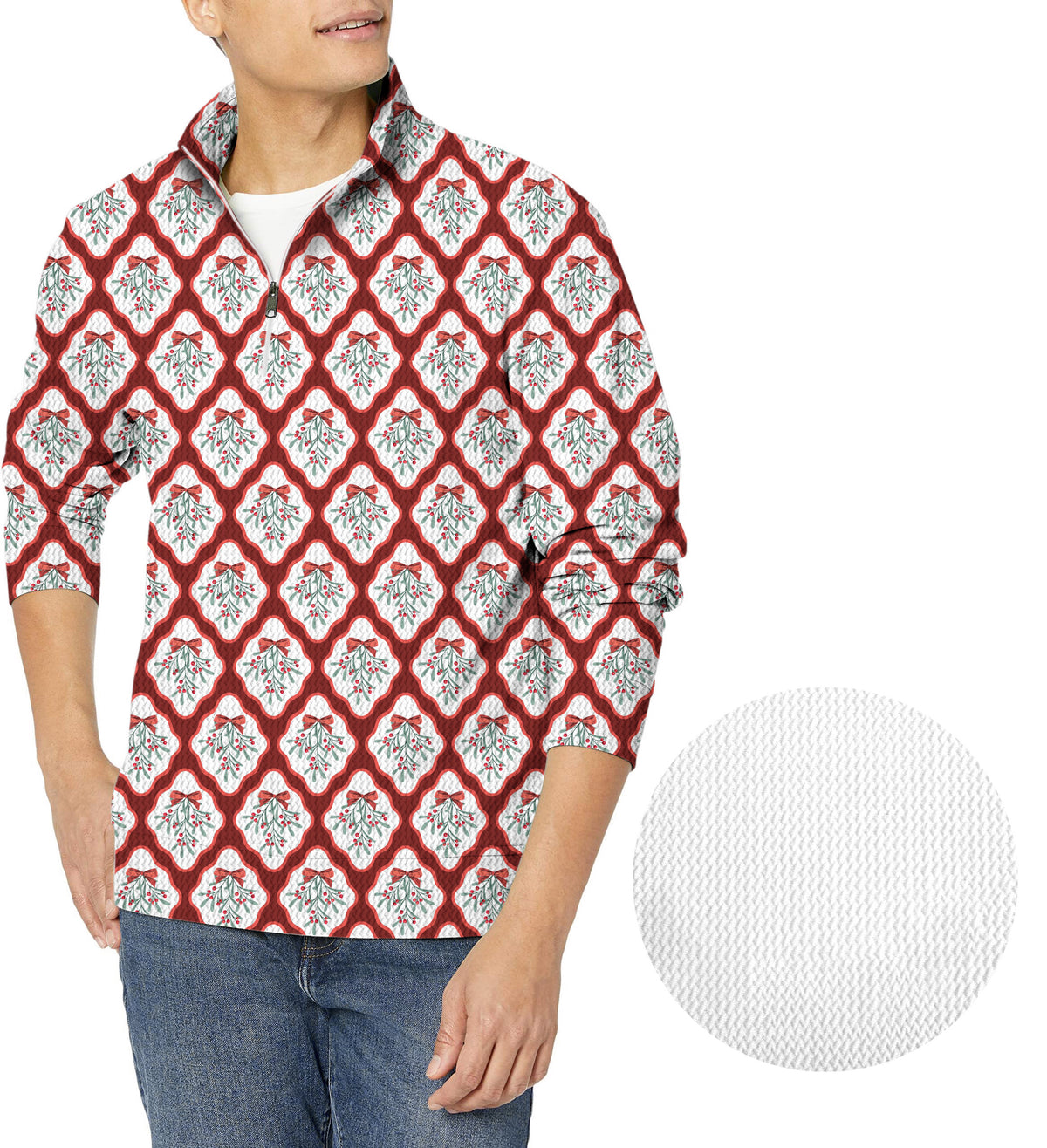 Christmas red holly Men's Golf Waffle Zipper Pullover