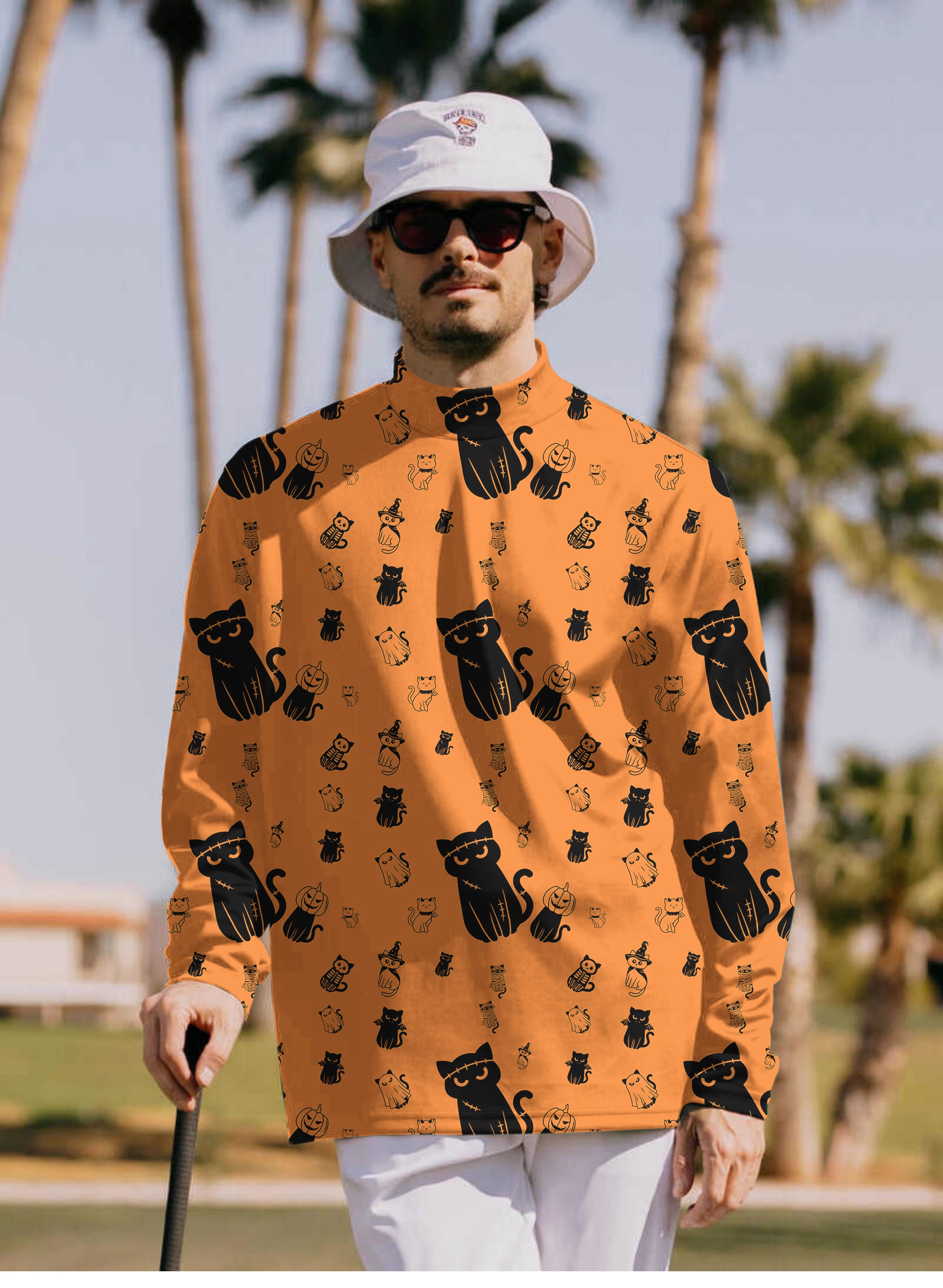 Men's Halloween Cute Cat Custom The Background Color Pullover High neck Long/Short sleeve T-Shirt