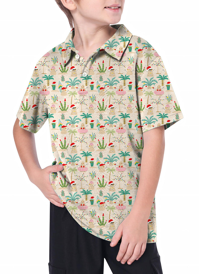 Youth Christmas desert golf polo with festive palm tree and Santa hat pattern on a boy