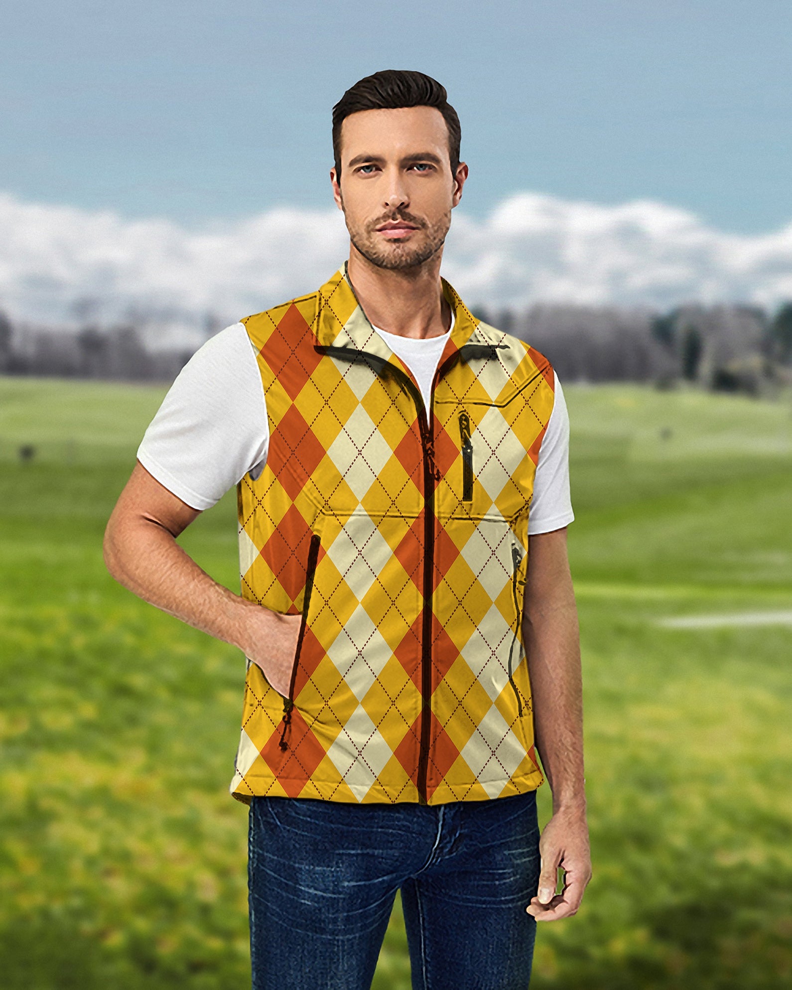 Men's Halloween Light Yellow Red Argyle Lightweight Softshell Vest Sleeveless Jacket for Golf Windproof Waterproof