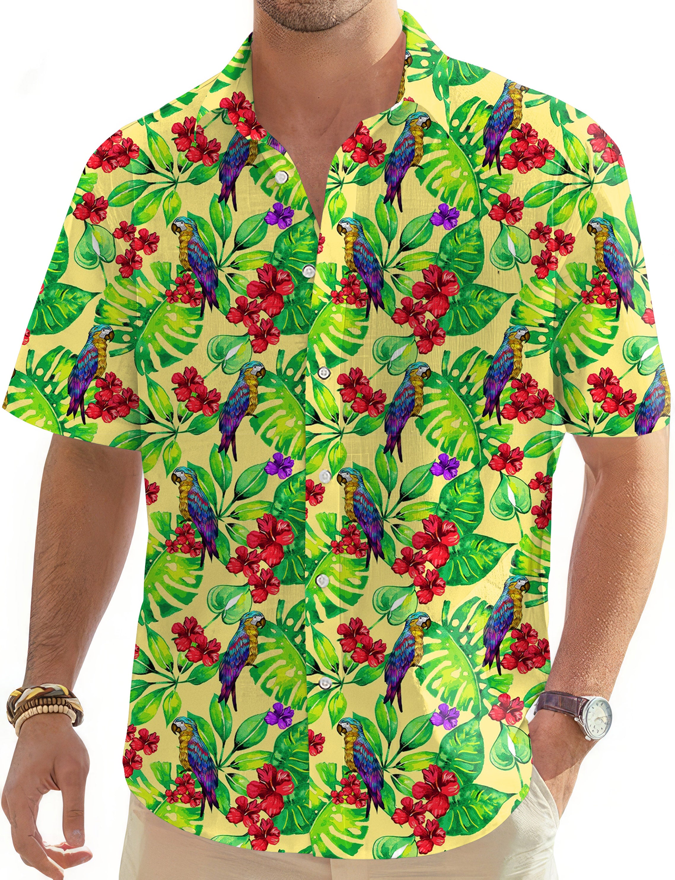 Palm Leaf Toucan-Men's Golf Hawaiian Shirts Button Down Shirt