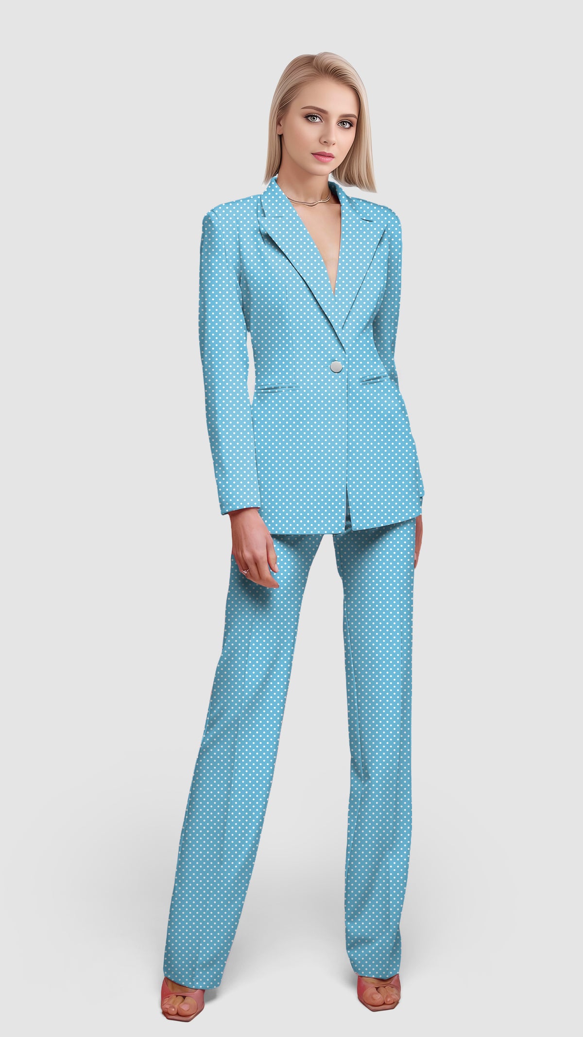 white polka dots blue background Women's Blazer Casual Work Office Blazer Suit set