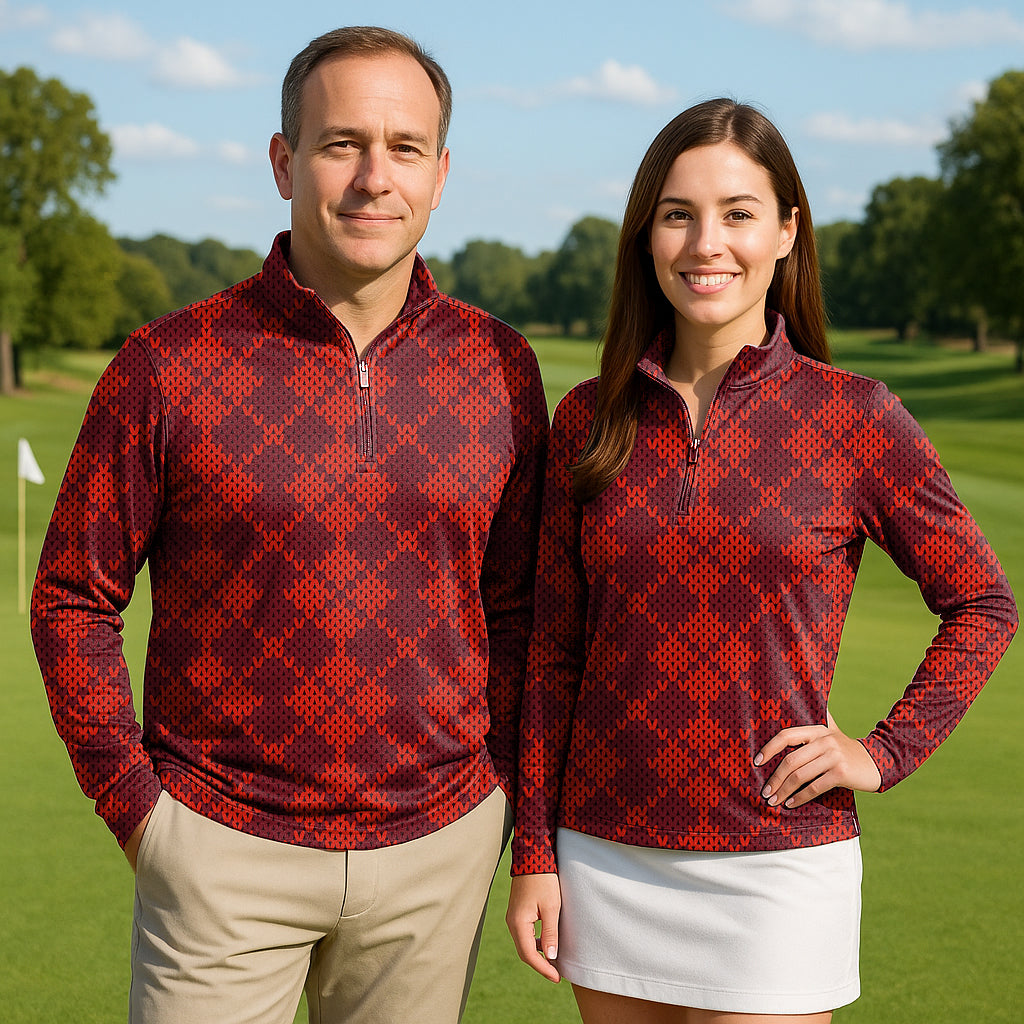 Christmas Red Couple Golf Active 3/4 Zipper Top Long Sleeves