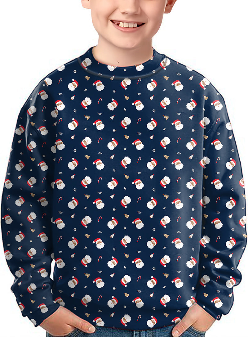 Kids navy blue crewneck pullover with Santa Claus and candy cane Christmas pattern