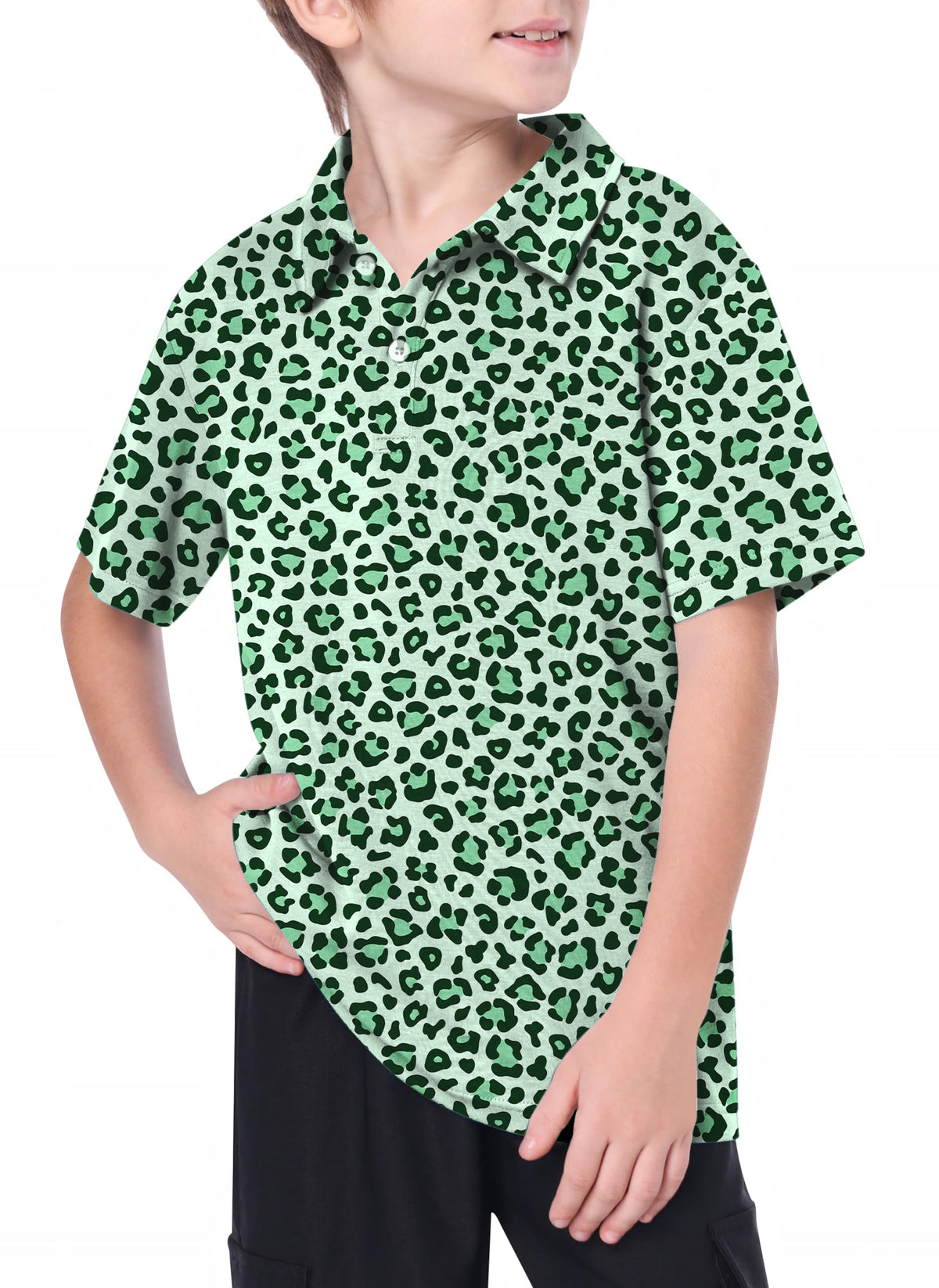 Youth Green leopard print Golf Polo