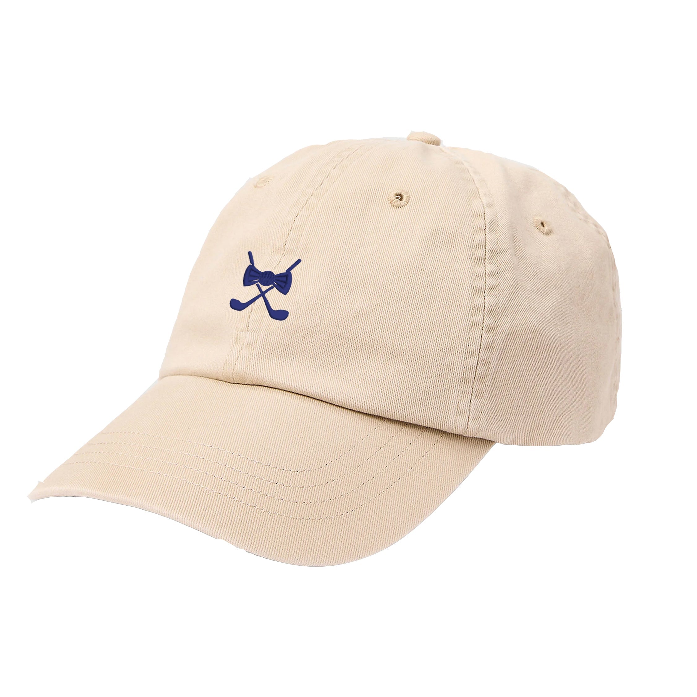 Apricot golf cap with adjustable snapback and embroidered crossed golf clubs design