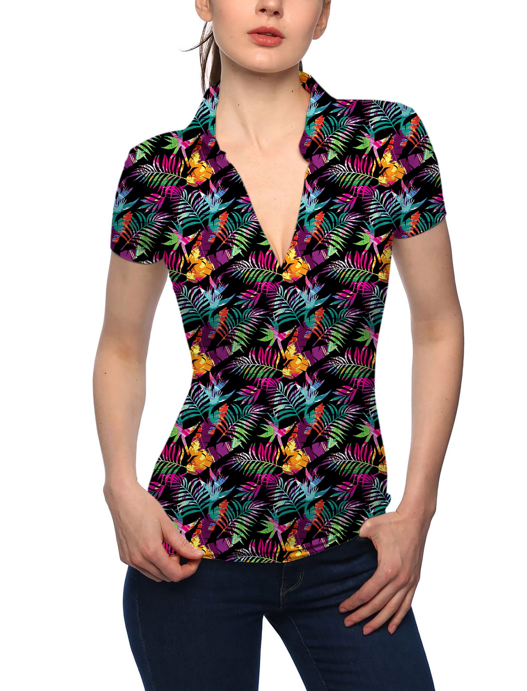 Women's Palm Tree V Neck Golf Polo