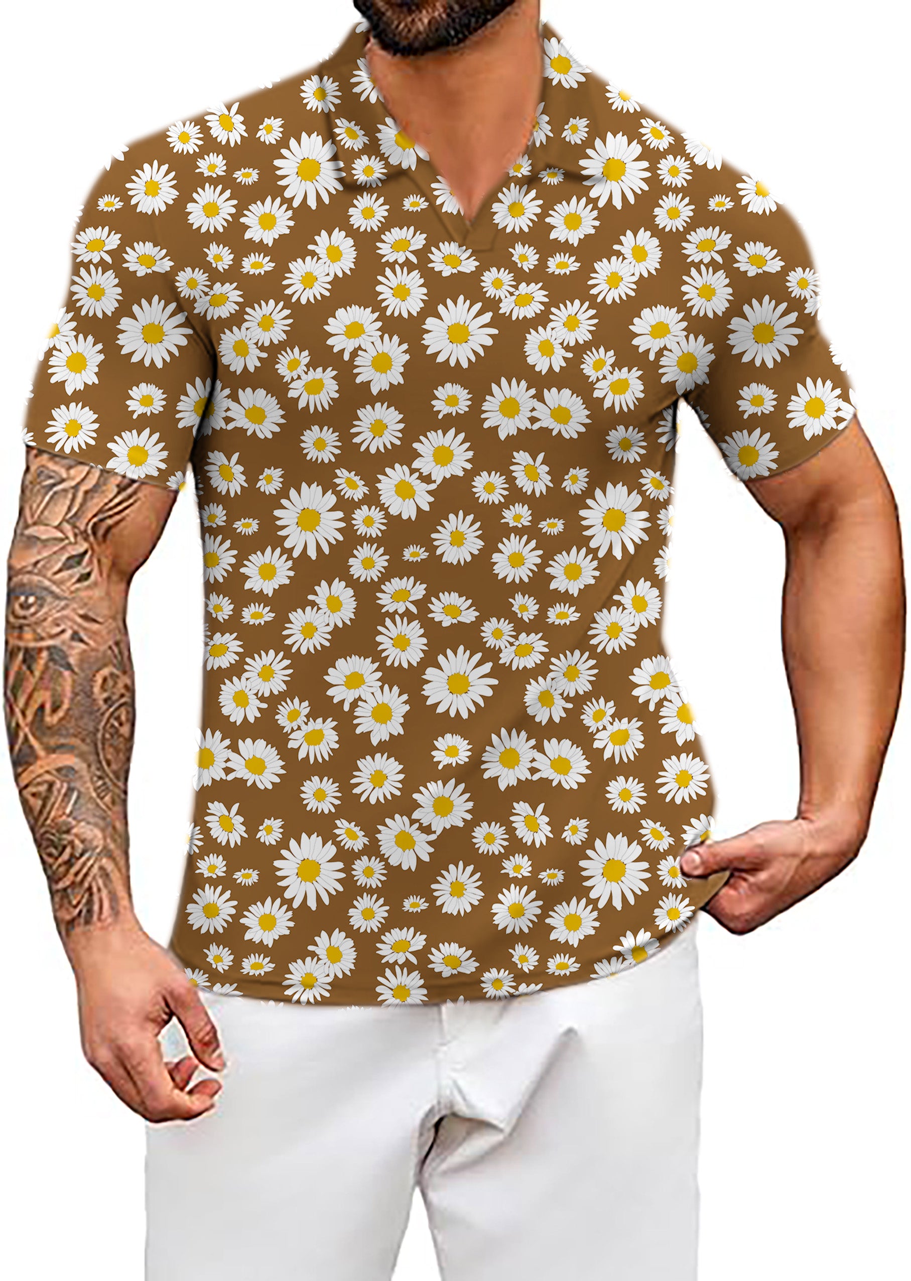 Men's Daisy Flower Cool V Neck Golf Polo Shirts