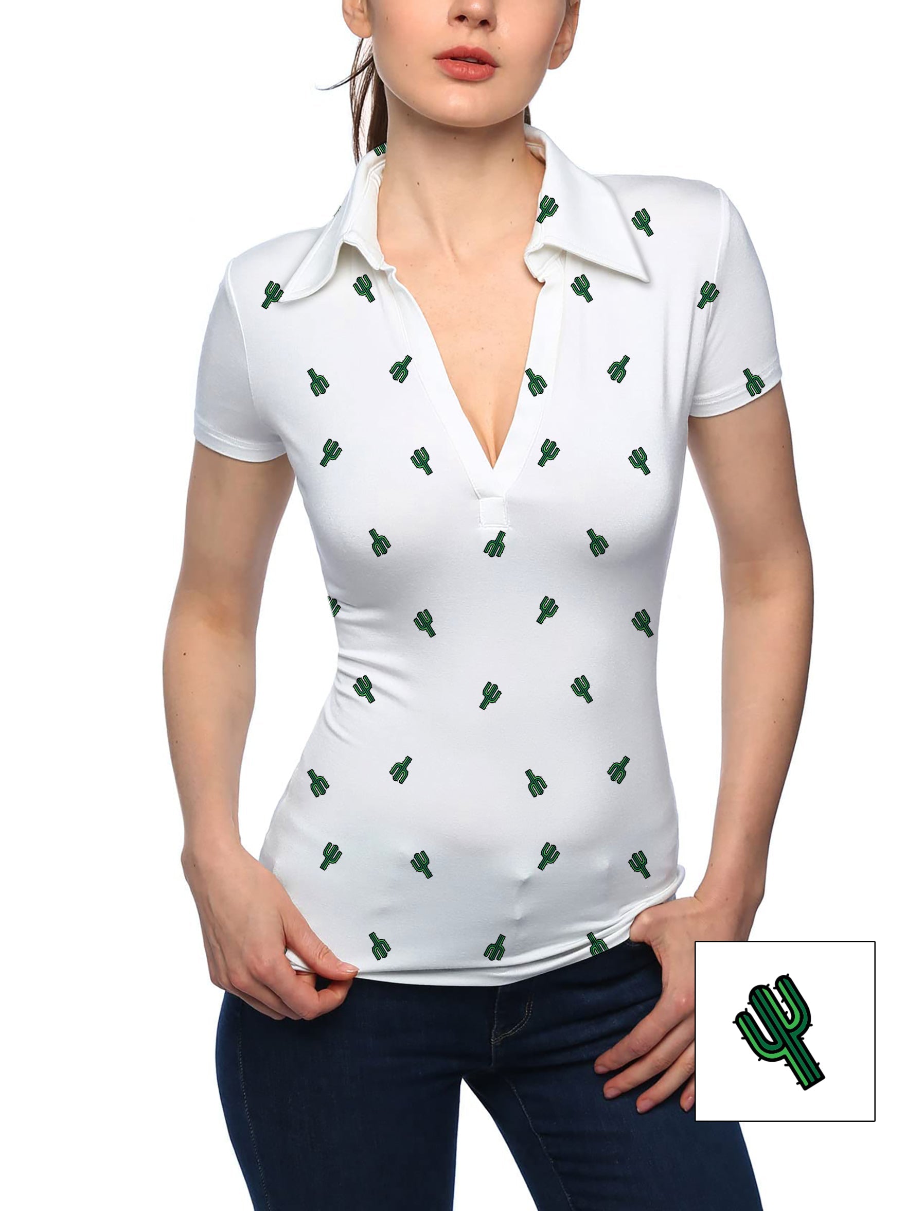 Women's Cactus Custom The Background Color V Neck Golf Polo
