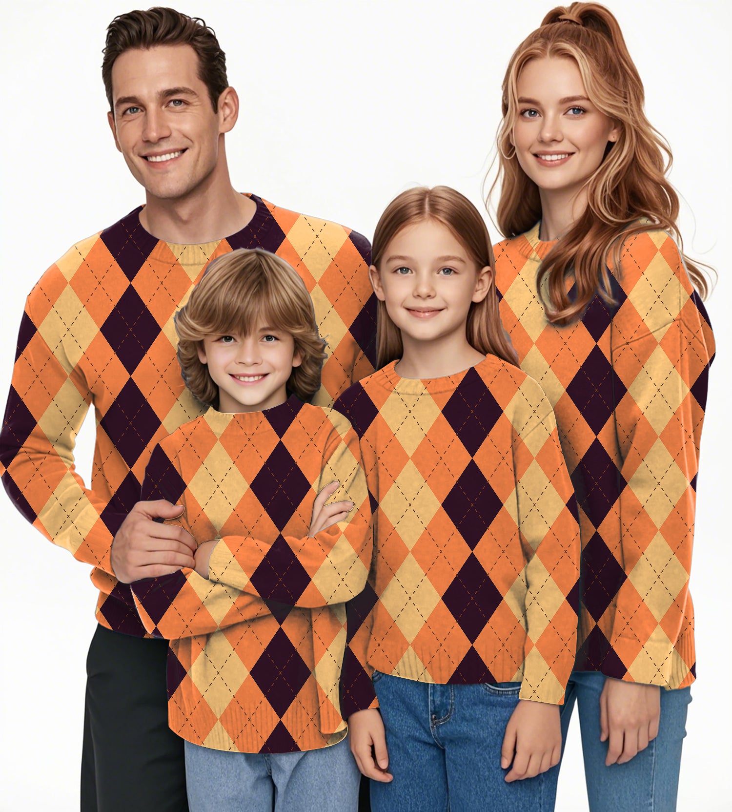 Halloween Black Light Yellow Orange Argyle Crewneck Pullover Ugly Sweater Men Women boy girl family