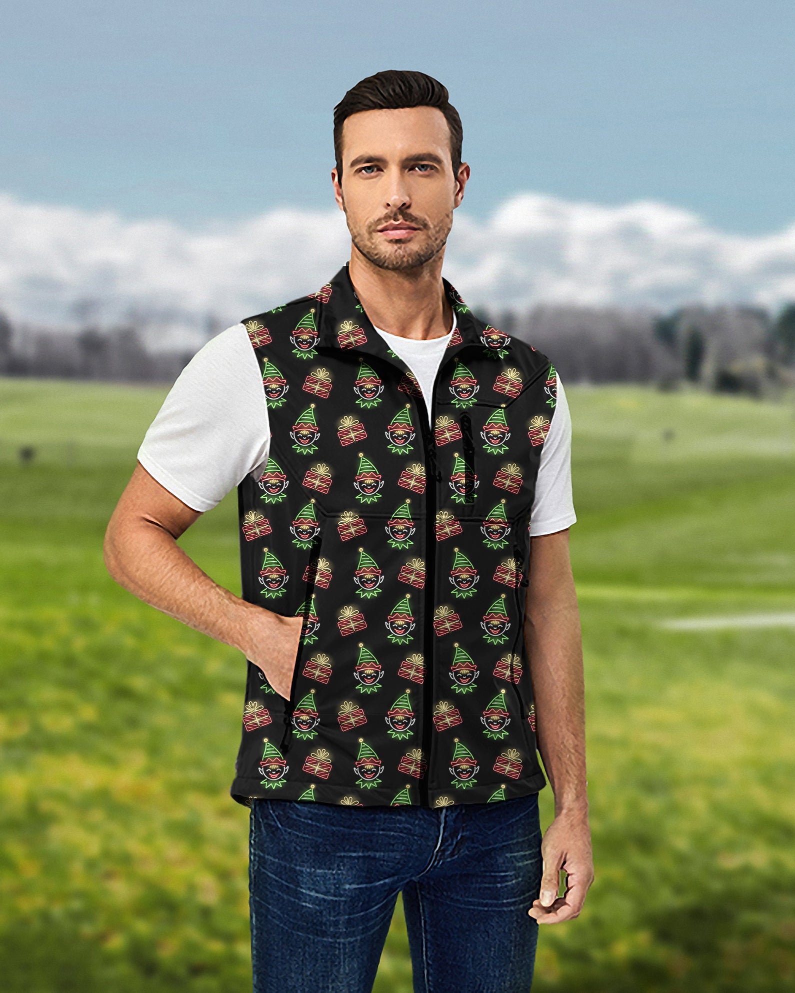 Men's Christmas Joker Lightweight Softshell Vest Sleeveless Jacket for Golf Windproof Waterproof