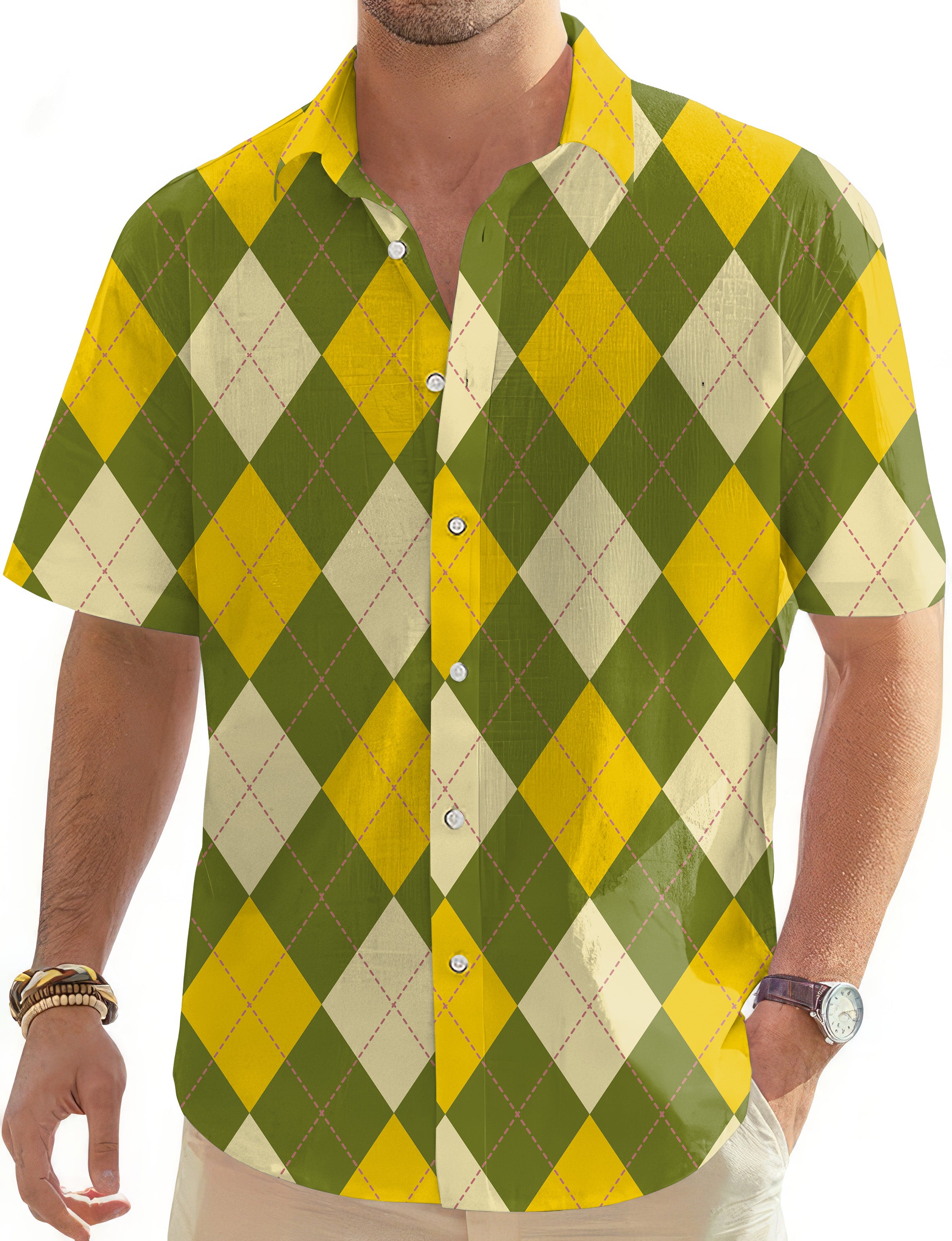 Yollow Argyle-Men's Golf Hawaiian Shirts Button Down Shirt