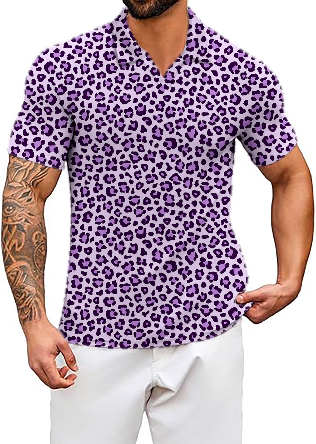 Men's pink leopard print V Neck Golf Polo Shirts