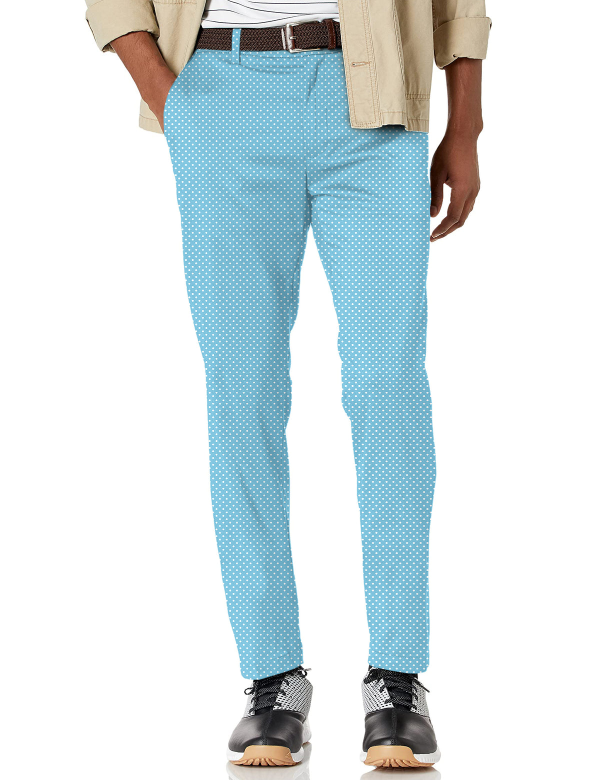 Men's white polka dots blue background Stretch Golf Pants