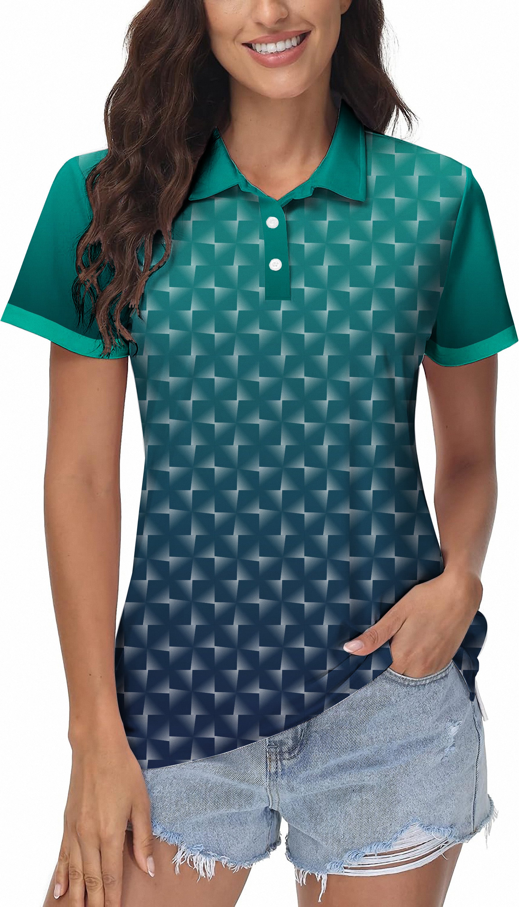 Cyan Gradient Custom Sport Team Competition Uniforms Women's Golf Polo
