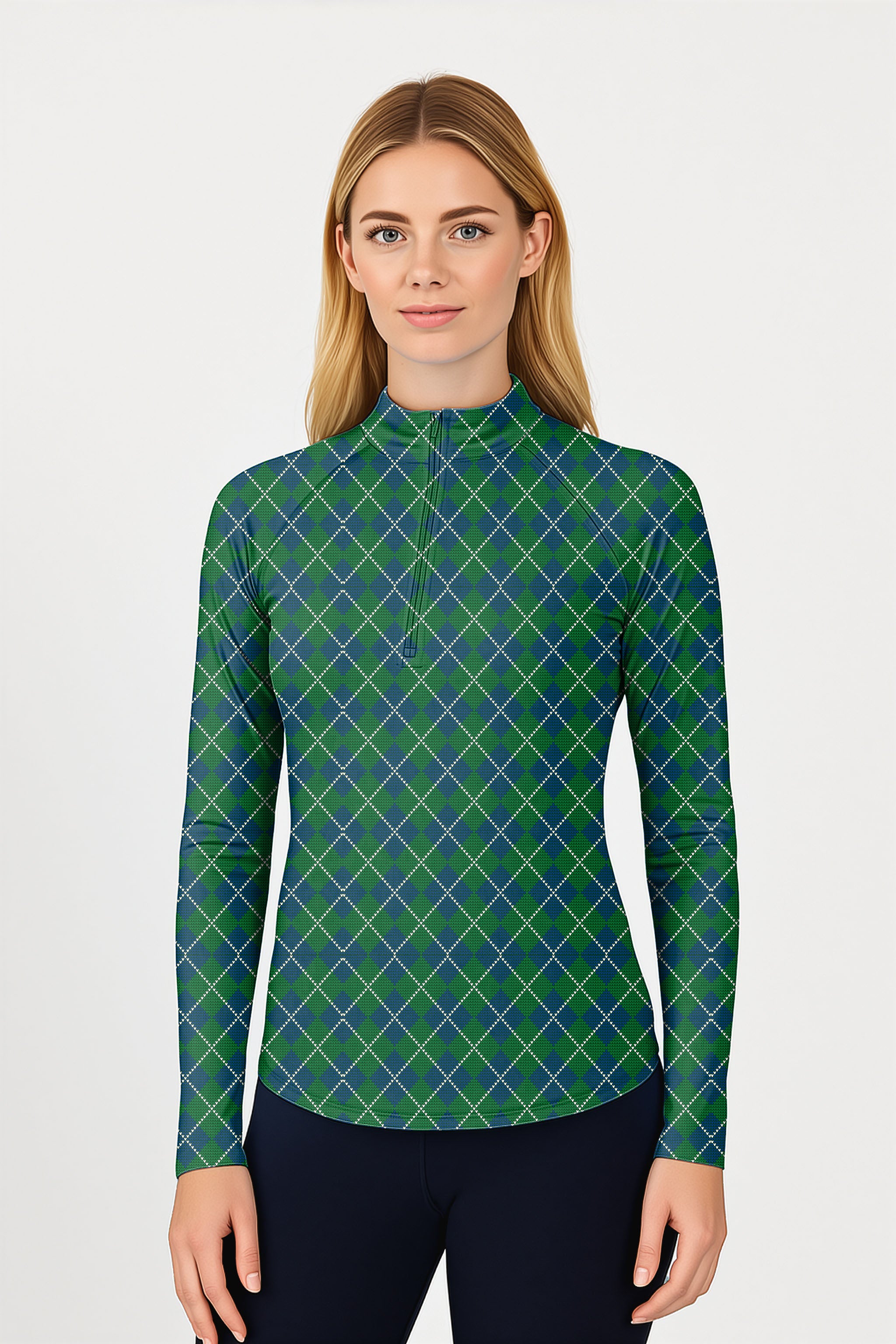 Green grid  Women's Golf Active 3/4 Zip Top