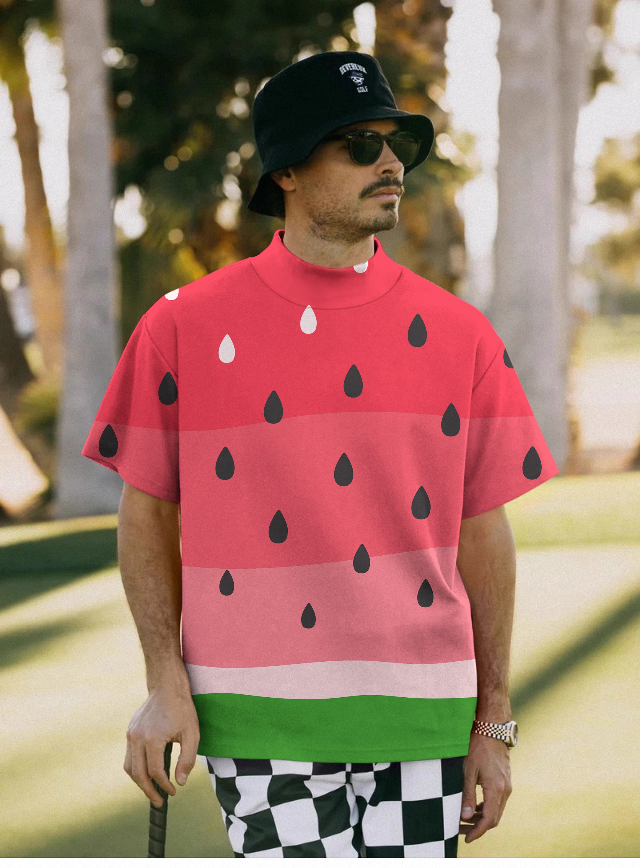 Men'swatermelon Pullover High neck Long/Short sleeve T-Shirt