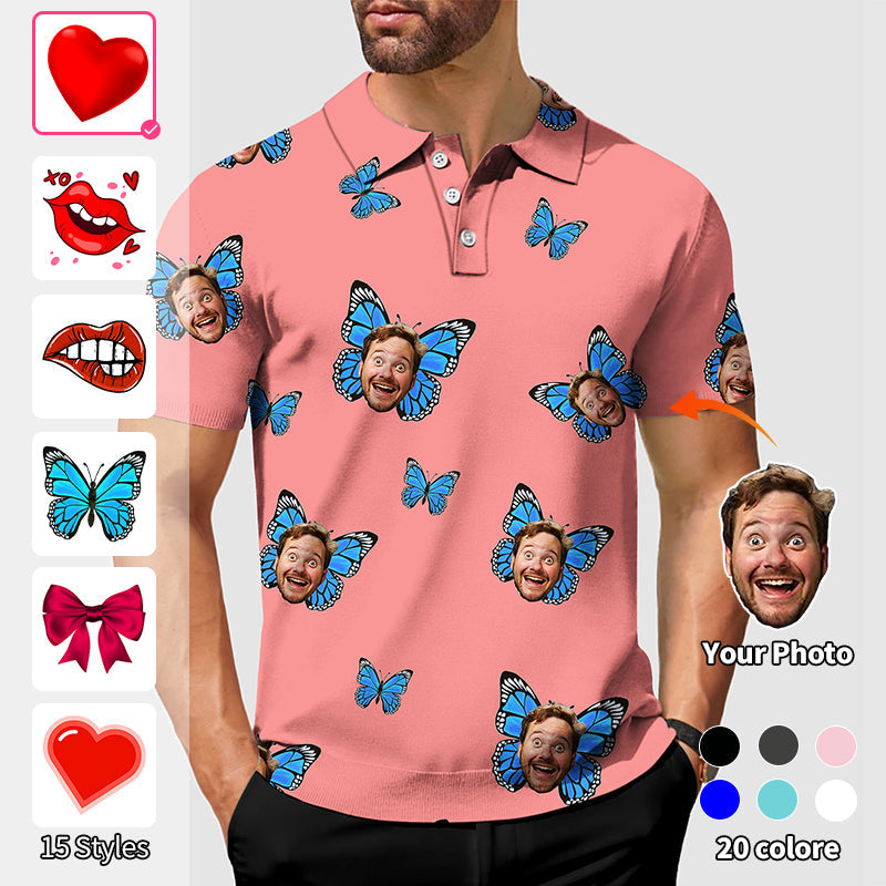 Valentine's Day men's hot pink custom photo face polo with butterfly pattern and four-way stretch fabric