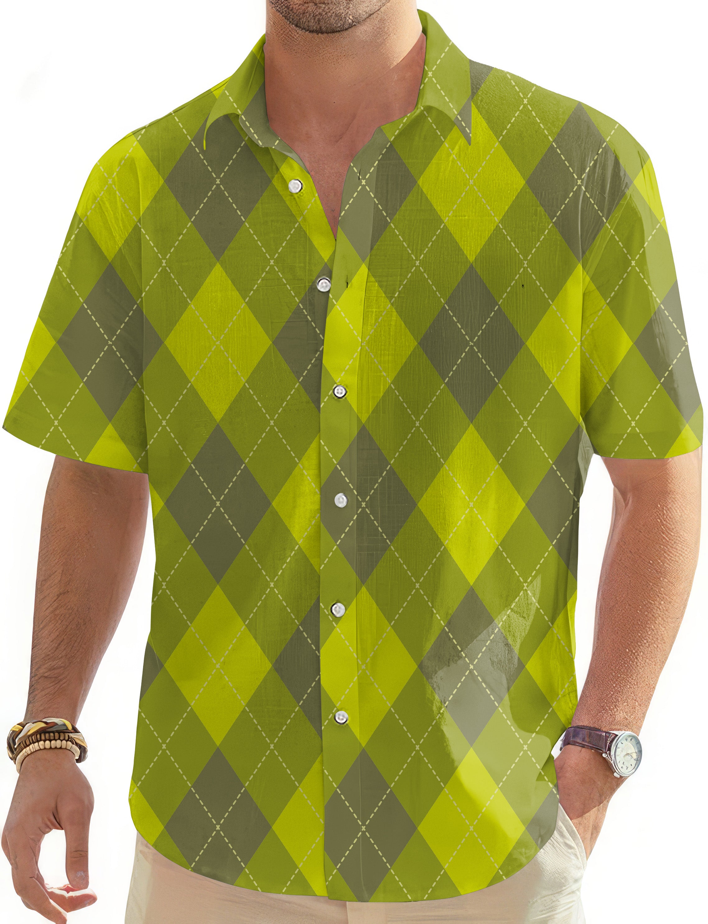 Yollow Argyle-Men's Golf Hawaiian Shirts Button Down Shirt